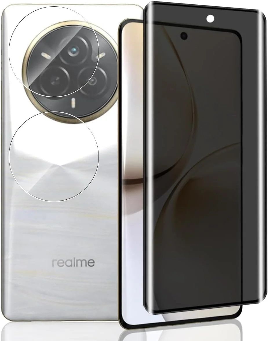 محافظ صفحه نمایش حریم خصوصی Yieehhow برای Realme 14 Pro شیشه حرارت دیده، [بسته 2 عددی] محافظ دوربین شیشه حرارت دیده و [1 عدد] شیشه محافظ ضد جاسوسی با سختی 9H، فیلم شیشه ای حرارت دیده بدون حباب