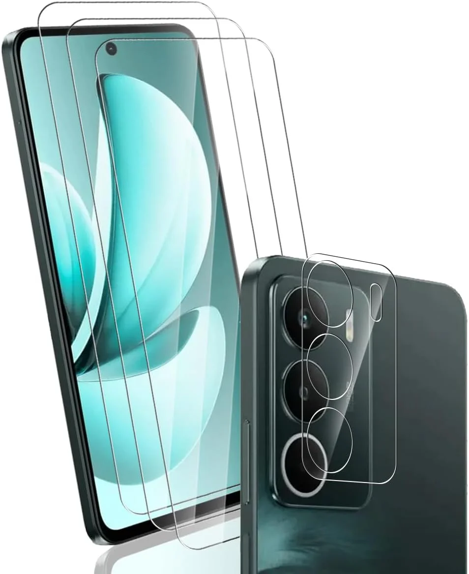 محافظ صفحه نمایش Yonntmmi برای Realme C71، شیشه حرارت دیده، بسته 3 عددی محافظ صفحه نمایش شیشه ای حرارت دیده به همراه 1 محافظ لنز دوربین، HD، سختی 9H، فیلم شیشه ای حرارت دیده مقاوم در برابر خش برای Realme