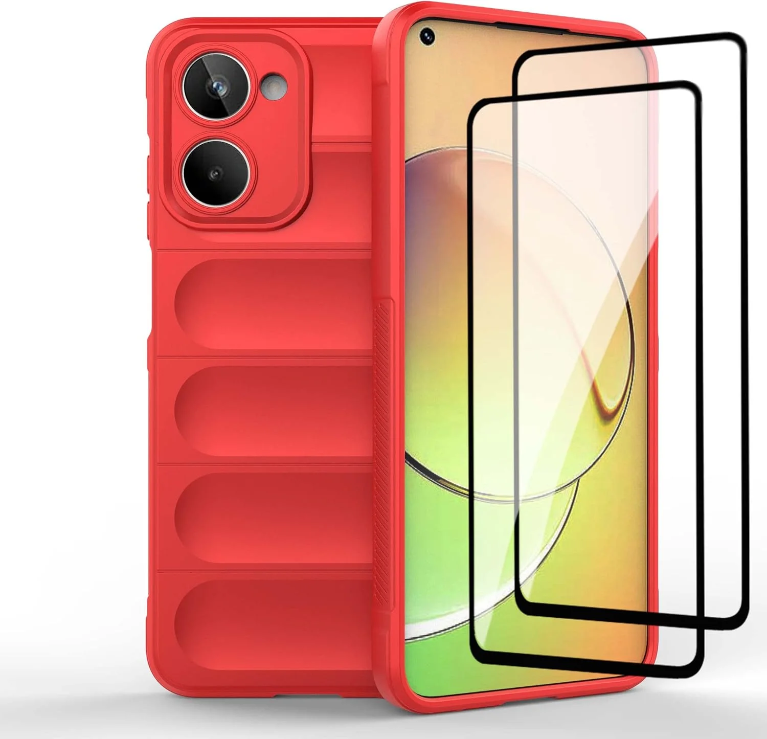 قاب محافظ گوشی QINOUK برای Realme 10، جنس TPU انعطاف پذیر ضد خش، طراحی 10 ایربگ نامرئی، به همراه محافظ صفحه نمایش شیشه ای حرارت دیده [2 عدد]، برای Realme 10 - قرمز