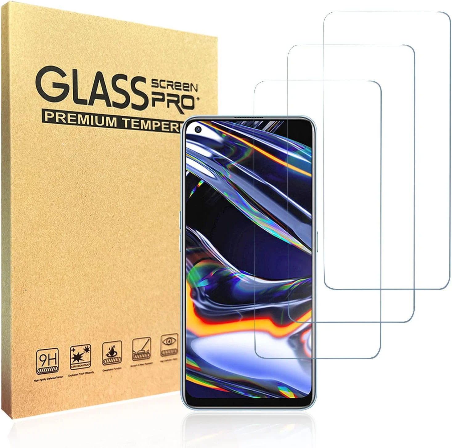 محافظ صفحه نمایش شیشه ای حرارت دیده Realme 7 Pro، ضخامت 0.33 میلی متر، ضد خش، بدون حباب (بسته 3 عددی)