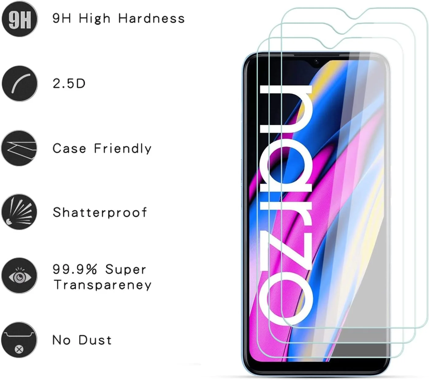 محافظ صفحه نمایش شیشه ای تمپرد Zidwzidwei برای Realme Narzo 50A [3 عدد]، سختی 9H، وضوح بالا، بدون حباب، فیلم محافظ مقاوم در برابر خراش برای Realme Narzo 50A