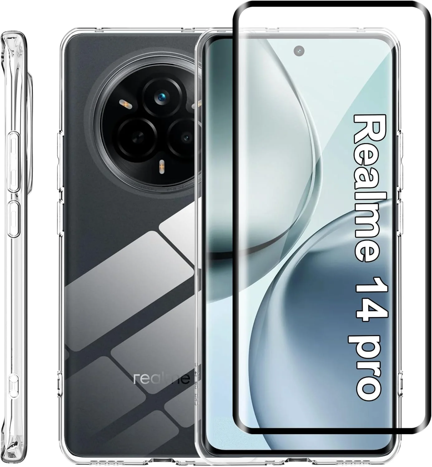 قاب محافظ گوشی سازگار با Realme 14 Pro، یک عدد محافظ صفحه نمایش شیشه ای حرارت دیده سه بعدی، محافظت از دوربین، قاب محافظ فوق العاده نازک، قاب گوشی موبایل سیلیکونی TPU نرم شفاف
