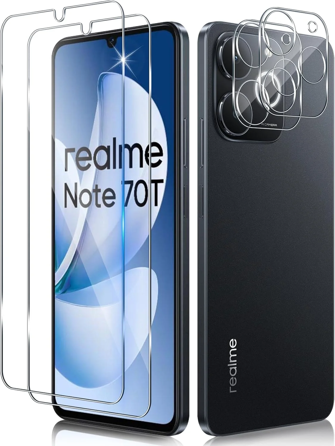 محافظ صفحه نمایش Funrae برای Realme Note 70T 70 T از جنس شیشه حرارت دیده با محافظ دوربین، 2 عدد فیلم 0.33 میلی متری با سختی 9H و 2 عدد محافظ دوربین فوق شفاف، محافظ صفحه نمایش ضد خش