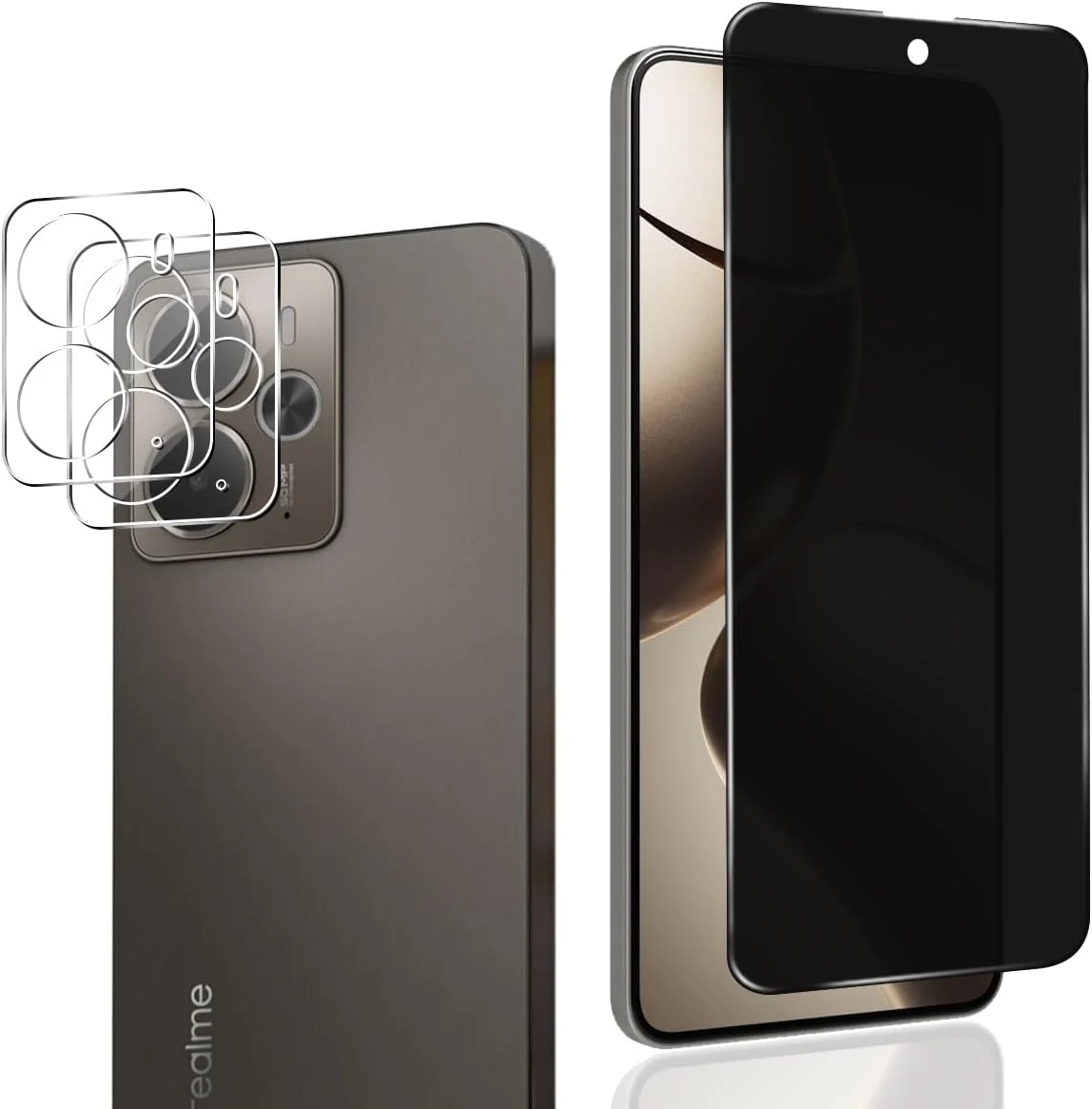 محافظ صفحه نمایش حریم خصوصی Rnnmeeko (1+2 تکه) برای Realme 14 5G / Realme 14T شیشه حرارت دیده + محافظ دوربین، سختی 9H، ضد خش، بدون حباب، محافظ صفحه نمایش ضد جاسوسی