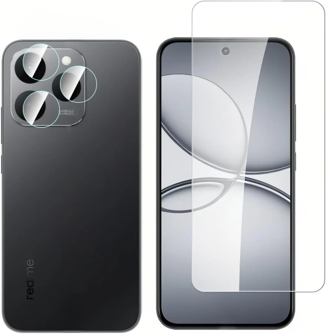 محافظ صفحه نمایش و لنز دوربین شیشه ای حرارت دیده Gruattreay [بسته 2+2 عددی] سازگار با Realme 15T 5G، سختی 9H ضد خش و بدون حباب