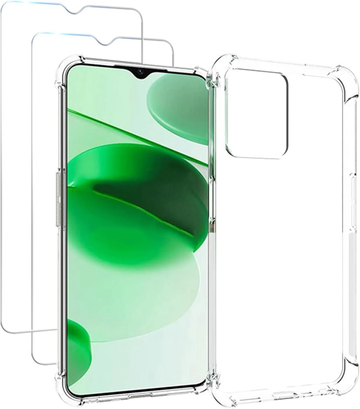 کاور ژله ای GMUJIAO برای گوشی Realme C35 به همراه 2 عدد محافظ صفحه نمایش شیشه ای حرارت دیده [2 در 1]، کاور شفاف TPU نرم و ضد ضربه