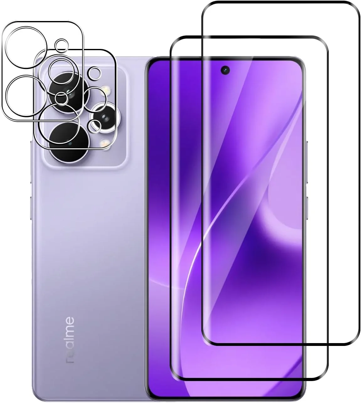 محافظ صفحه نمایش شیشه ای حرارت دیده Afikyutu برای Realme 15 Pro 5G، 2 عدد محافظ صفحه نمایش + 2 عدد محافظ دوربین، بدون حباب، ضد خش، نصب آسان، محافظ صفحه نمایش با سختی HD 9H