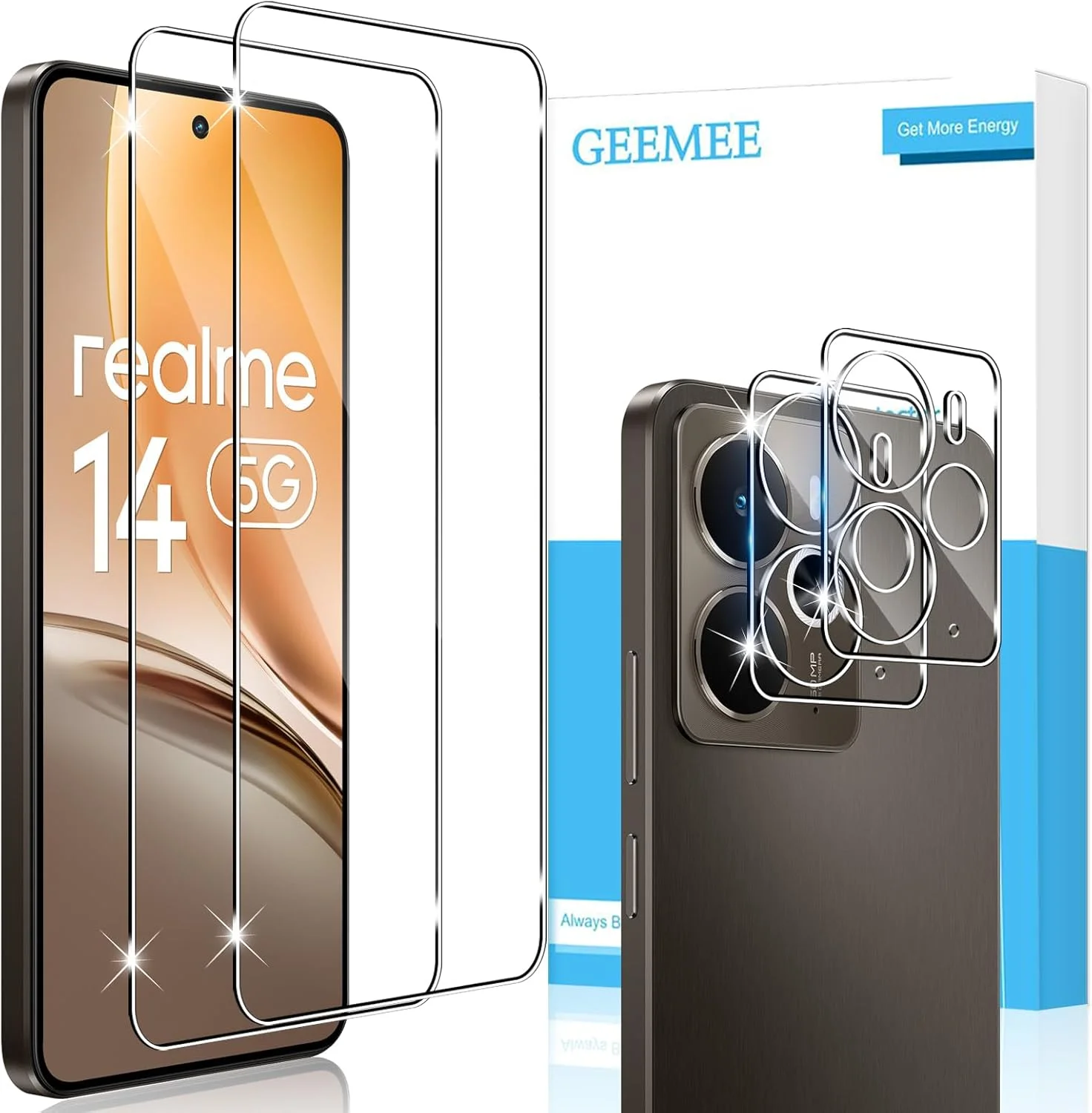 محافظ صفحه نمایش شیشه ای GEEMEE بسته 2 عددی مناسب برای Realme 14 5G/Realme 14T به همراه 2 عدد محافظ لنز دوربین، فیلم ضد خش با سختی 9H، محافظ صفحه نمایش شیشه ای HD
