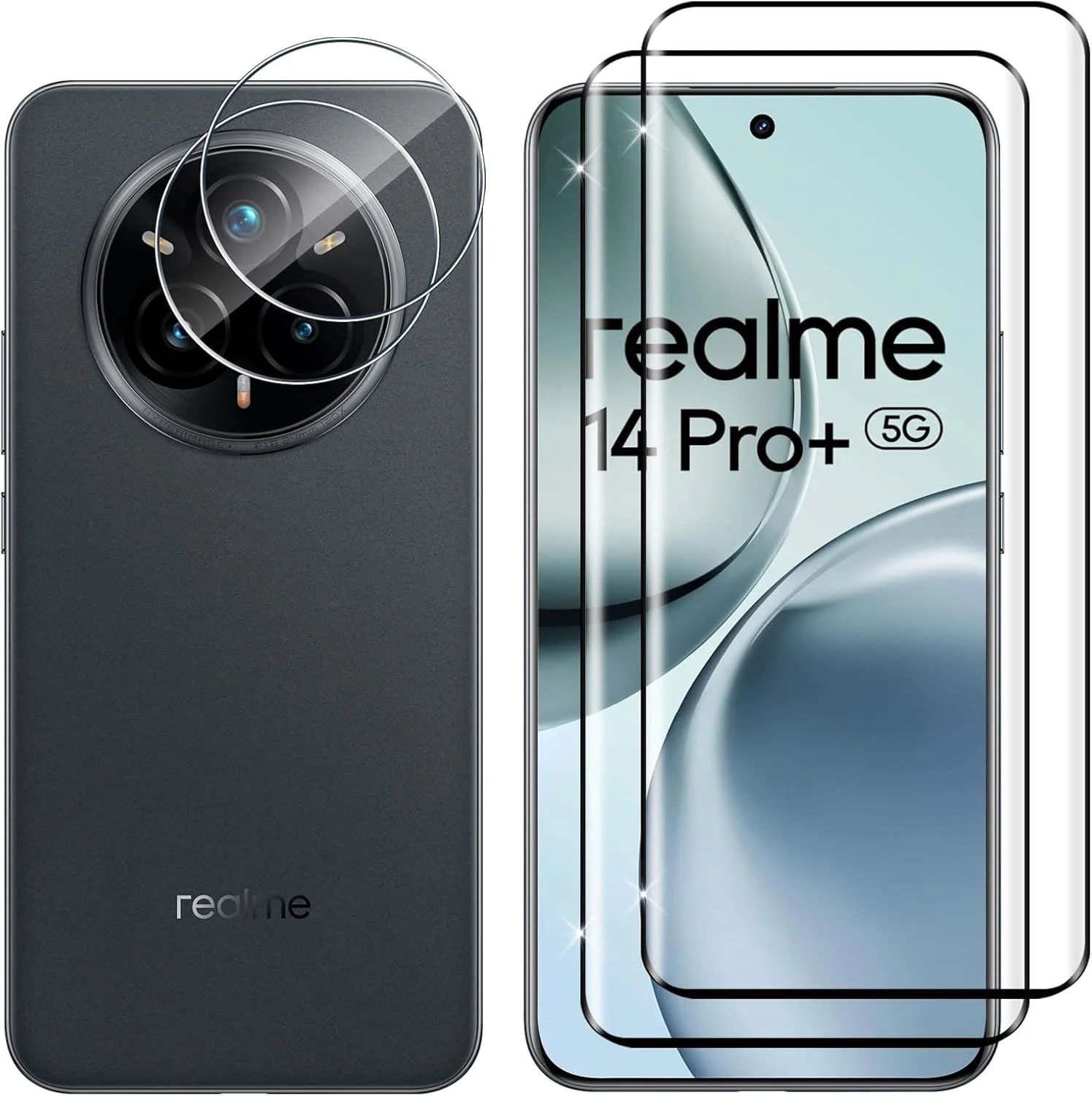 محافظ صفحه نمایش شیشه ای لوتری برای Realme 14 Pro Plus، 2+2 تکه محافظ صفحه نمایش سه بعدی + محافظ لنز دوربین، شیشه محافظ سخت با وضوح HD و سختی 9H، محافظ صفحه نمایش ضد خش و بدون حباب
