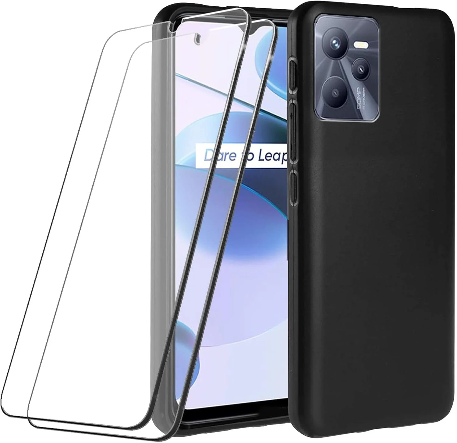 قاب گوشی LYJERRY برای Realme C35 + 2 عدد محافظ صفحه نمایش شیشه ای تمپرد برای Realme C35، کاور محافظ TPU سبک وزن، قاب گوشی سیلیکونی لاستیکی، شیشه محافظ 9H، مشکی