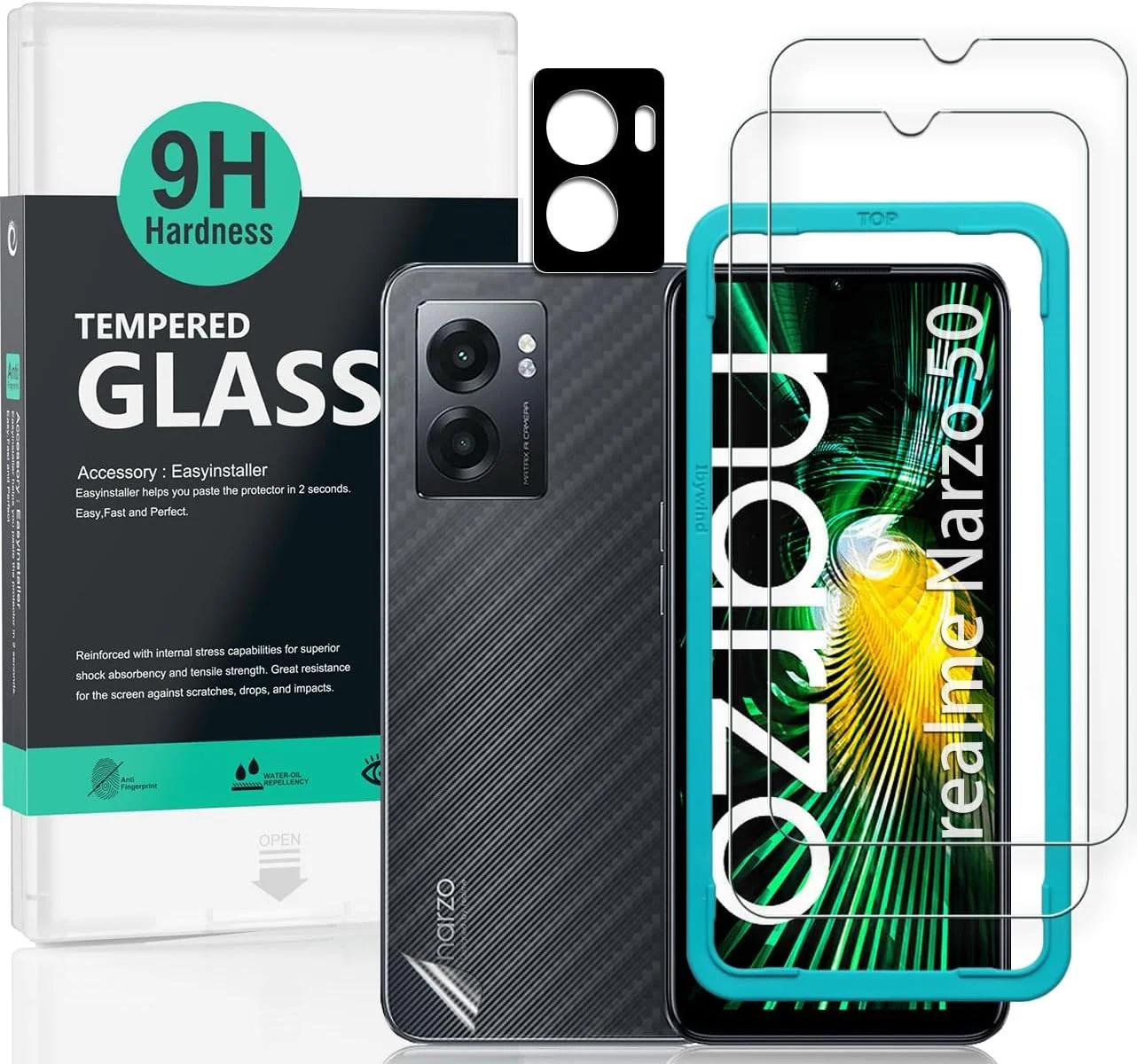 محافظ صفحه نمایش Ibywind برای Realme Narzo 50 5G (6.6 اینچ) شامل 2 عدد گلس محافظ صفحه، 1 عدد محافظ لنز دوربین، 1 عدد فیلم پشتی فیبر کربن، نصب آسان