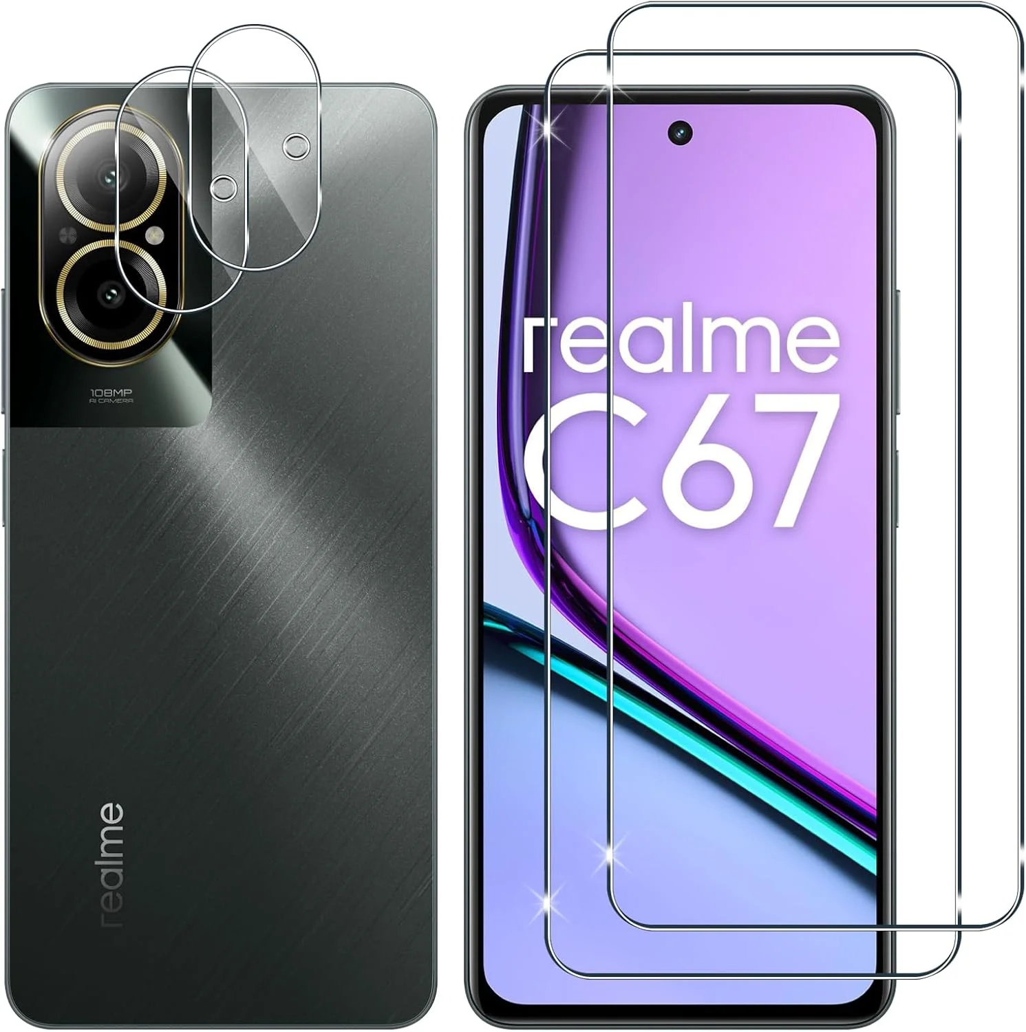محافظ صفحه نمایش شیشه ای Lutree برای Realme C67 4G، 2 + 2 عدد شیشه محافظ + محافظ لنز دوربین، سختی 9H، محافظ صفحه نمایش HD ضد خش و بدون حباب