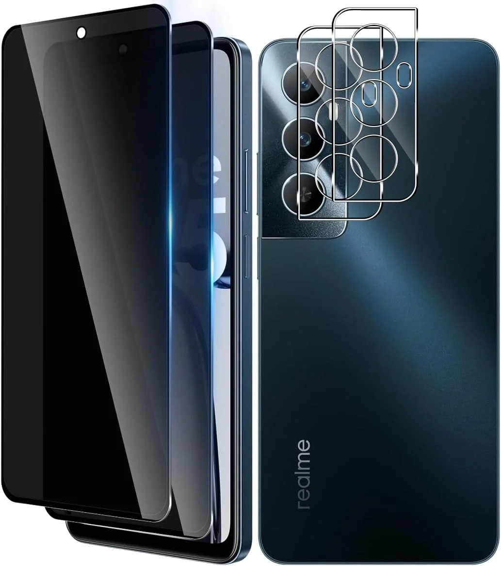 محافظ صفحه نمایش شیشه ای حریم خصوصی Vanrain برای Realme C65، 2+2 عدد محافظ صفحه نمایش حریم خصوصی و محافظ لنز دوربین عقب، سختی 9H ضد خش و بدون حباب