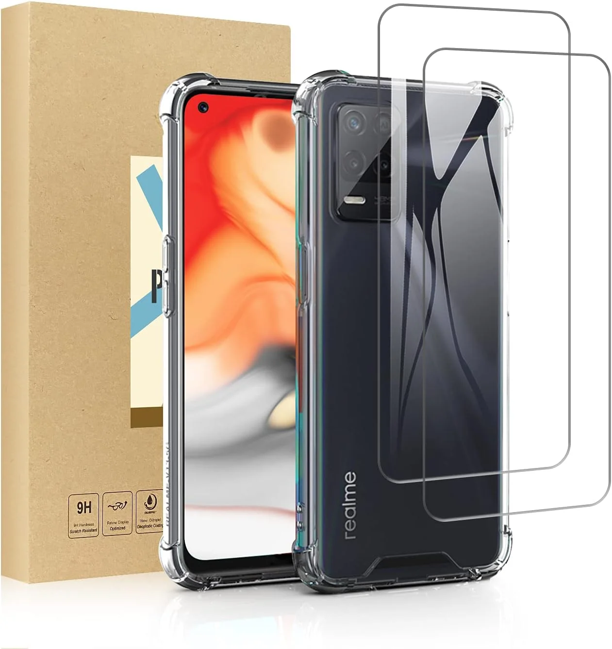 قاب SCL برای گوشی Realme 8 به همراه محافظ صفحه نمایش شیشه ای Realme 8/8 Pro [مشکی]، کاور محافظ ژله ای با طرح فیبر کربن [ضد خش][ضد ضربه]