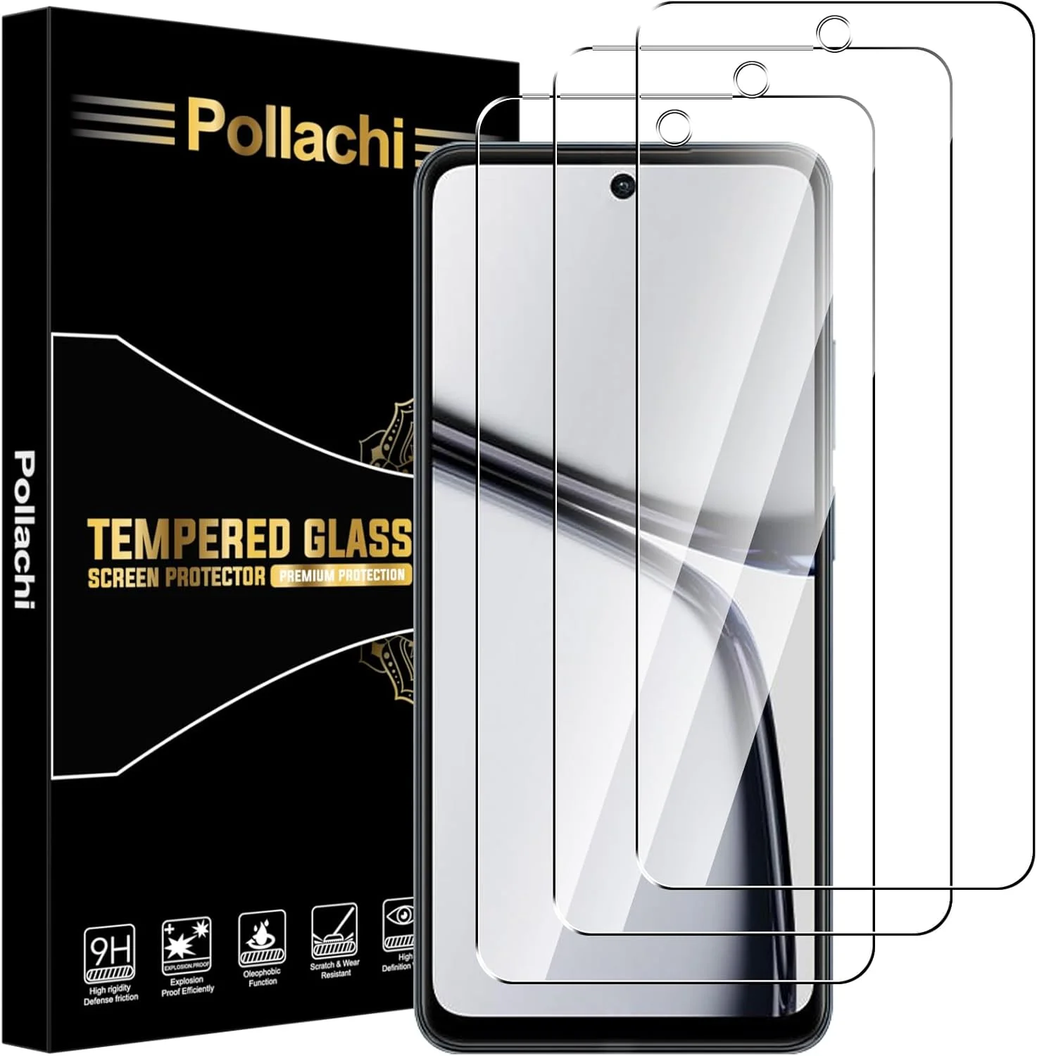 محافظ صفحه نمایش شیشه ای حرارت دیده پولاچی، بسته 3 عددی، سازگار با Realme C65 4G، ضد خش، سختی 9H، ضخامت 0.26 میلی متر، فوق العاده شفاف، محافظ صفحه نمایش برای Realme C65 4G