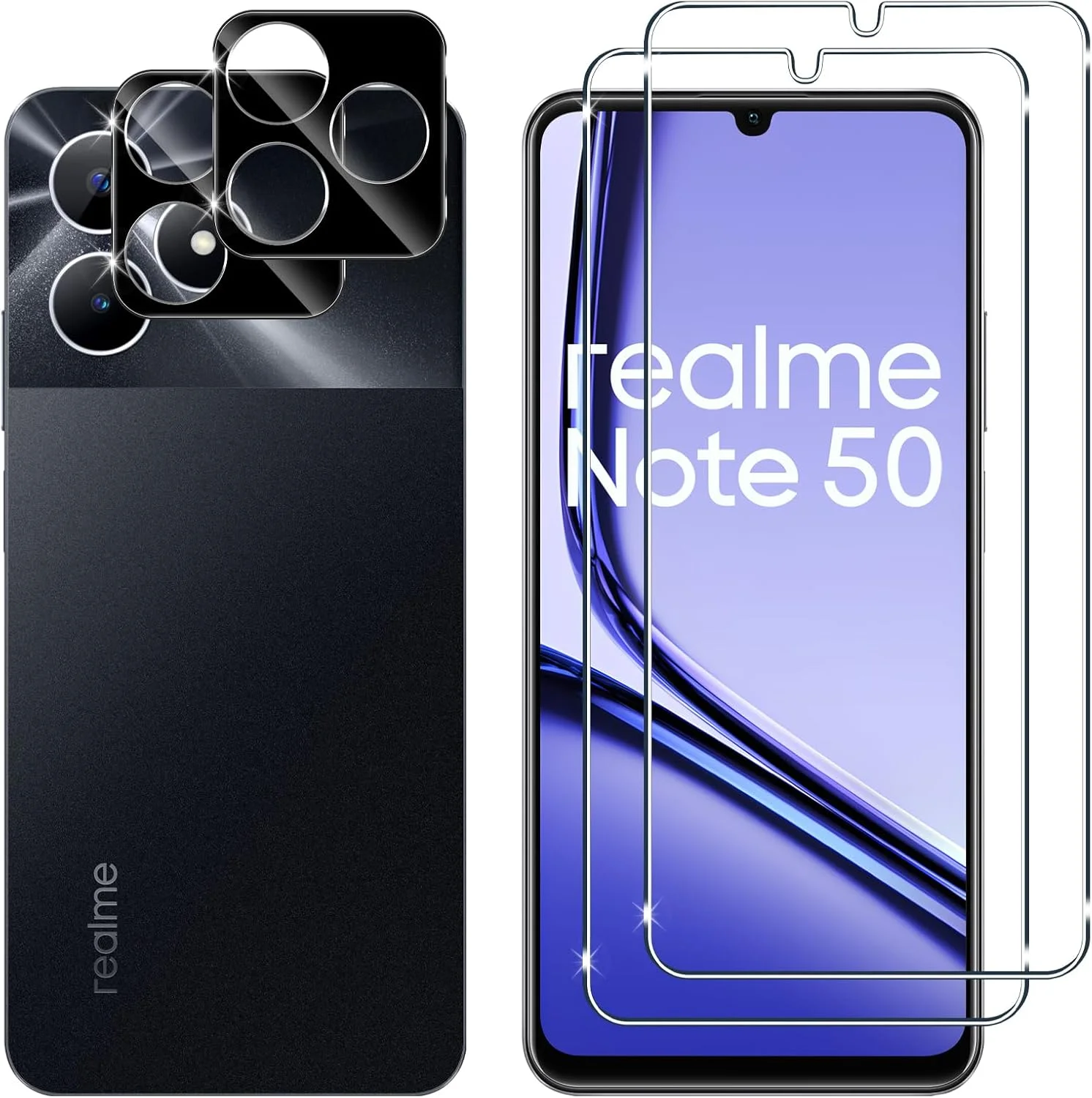 محافظ صفحه نمایش شیشه ای Lutree برای Realme Note 50 / Realme C51، بسته 2 عددی + 2 شیشه محافظ + فیلم محافظ دوربین (مشکی)، محافظ صفحه نمایش HD با سختی 9H، بدون حباب، ضد خش