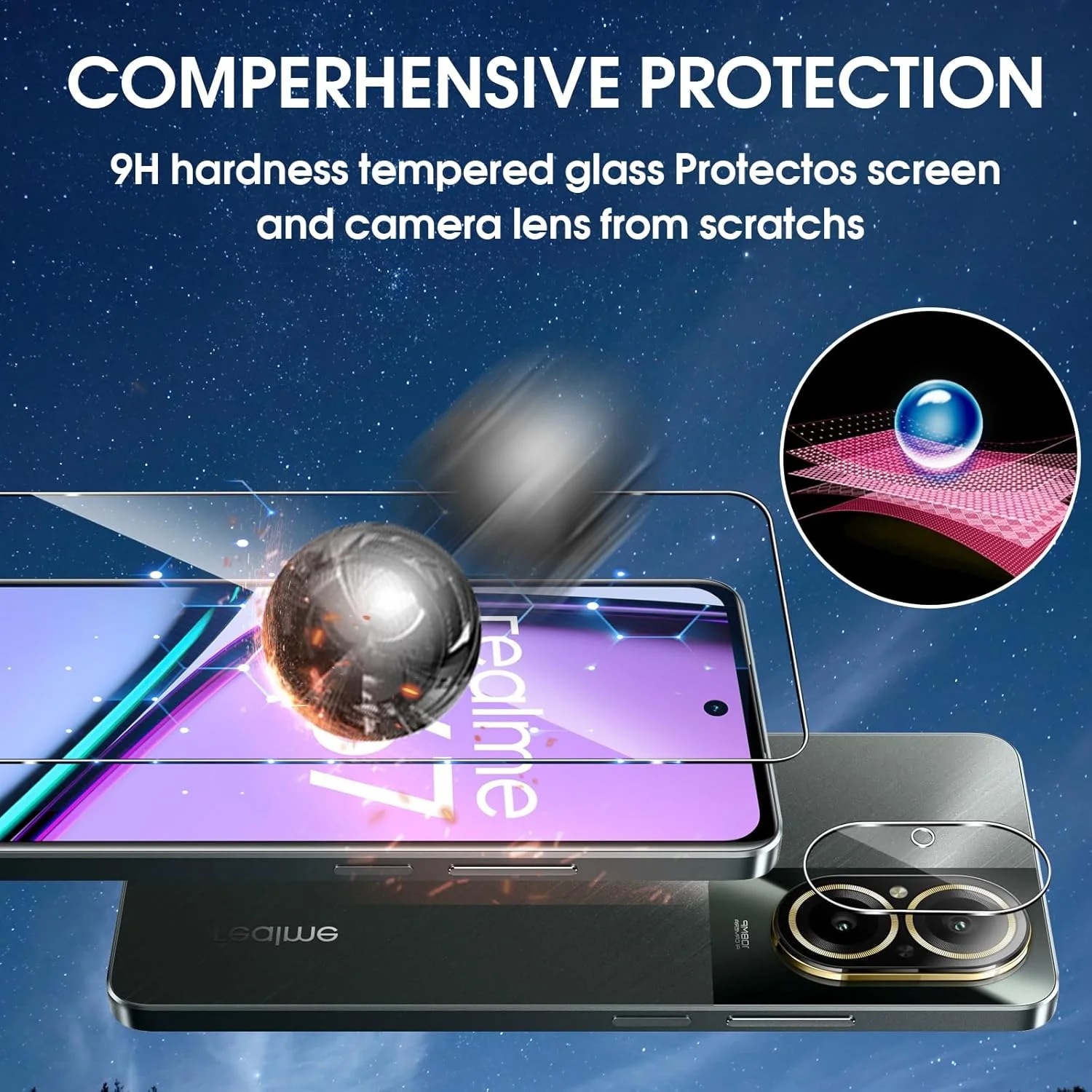 محافظ صفحه نمایش شیشه ای Lutree برای Realme C67 4G، 2 + 2 عدد شیشه محافظ + محافظ لنز دوربین، سختی 9H، محافظ صفحه نمایش HD ضد خش و بدون حباب