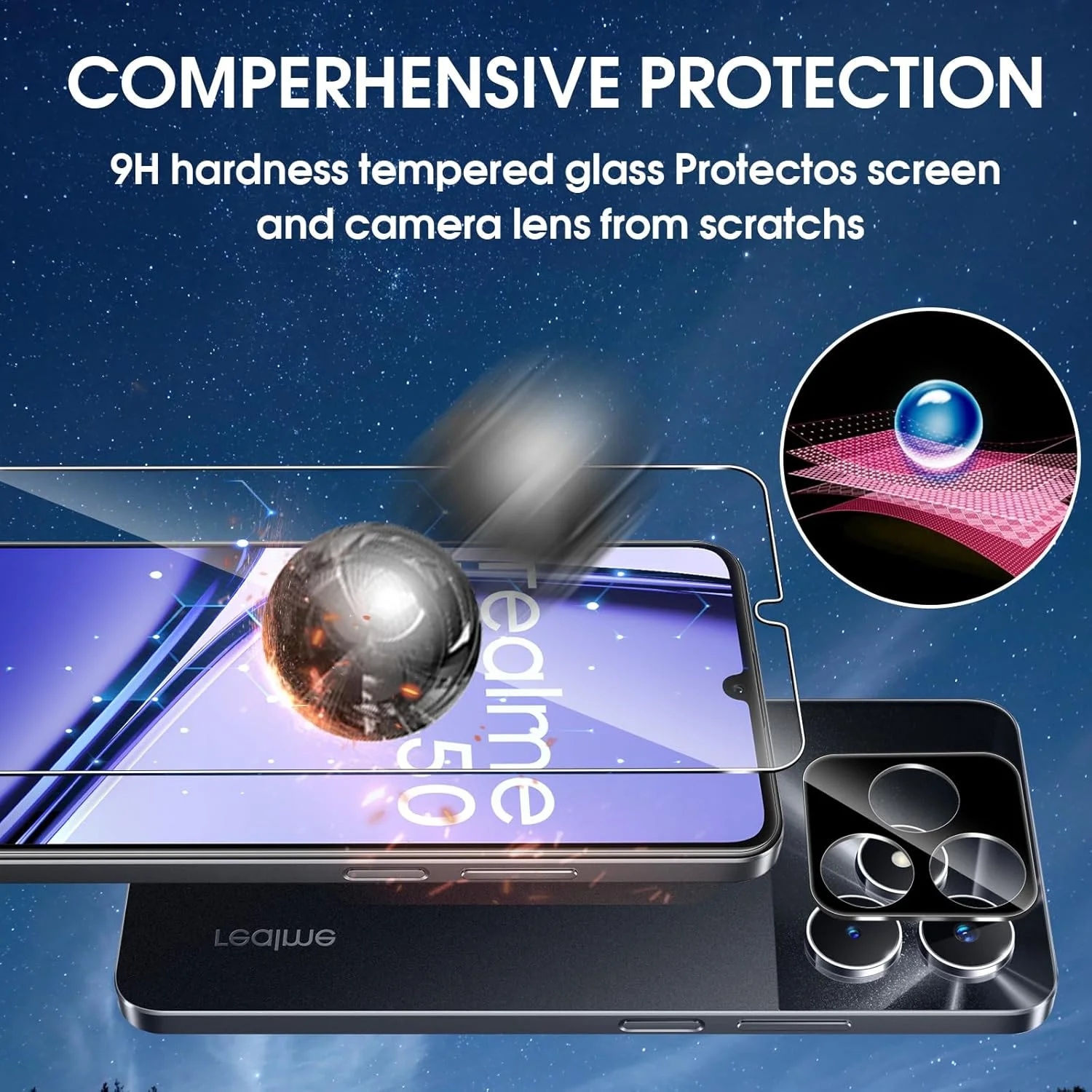 محافظ صفحه نمایش شیشه ای Lutree برای Realme Note 50 / Realme C51، بسته 2 عددی + 2 شیشه محافظ + فیلم محافظ دوربین (مشکی)، محافظ صفحه نمایش HD با سختی 9H، بدون حباب، ضد خش