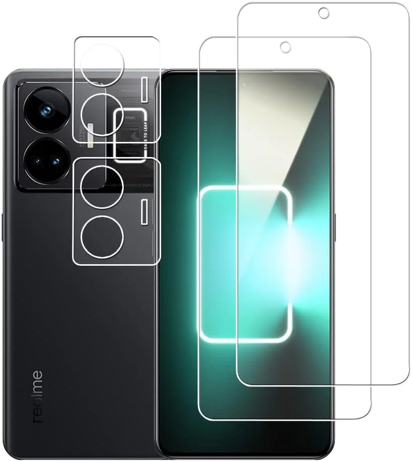 محافظ صفحه نمایش Wookfiss برای Realme GT Neo 5 5G / Realme GT3، فیلم شیشه ای حرارت دیده، 2 عدد فیلم شیشه ای حرارت دیده + 2 عدد فیلم محافظ دوربین، سختی 9H، ضد خش، ضد حباب، HD شفاف