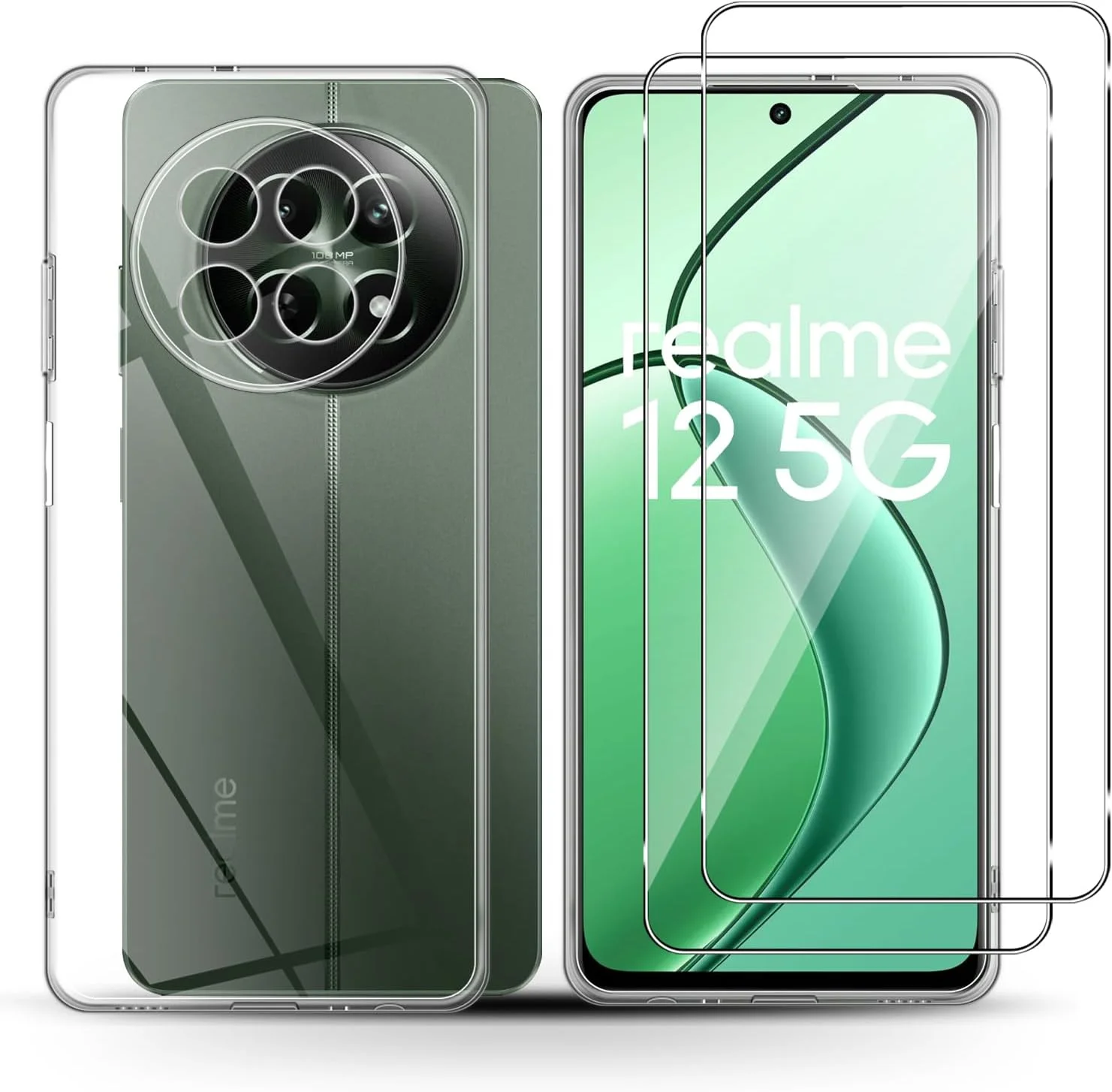 کاور سیلیکونی Holilo + 2 عدد محافظ صفحه نمایش برای Realme 12 5G/Realme 12 x 5G، شیشه حرارت دیده HD با سختی 9H، کاور موبایل باریک و نرم مقاوم در برابر خراش