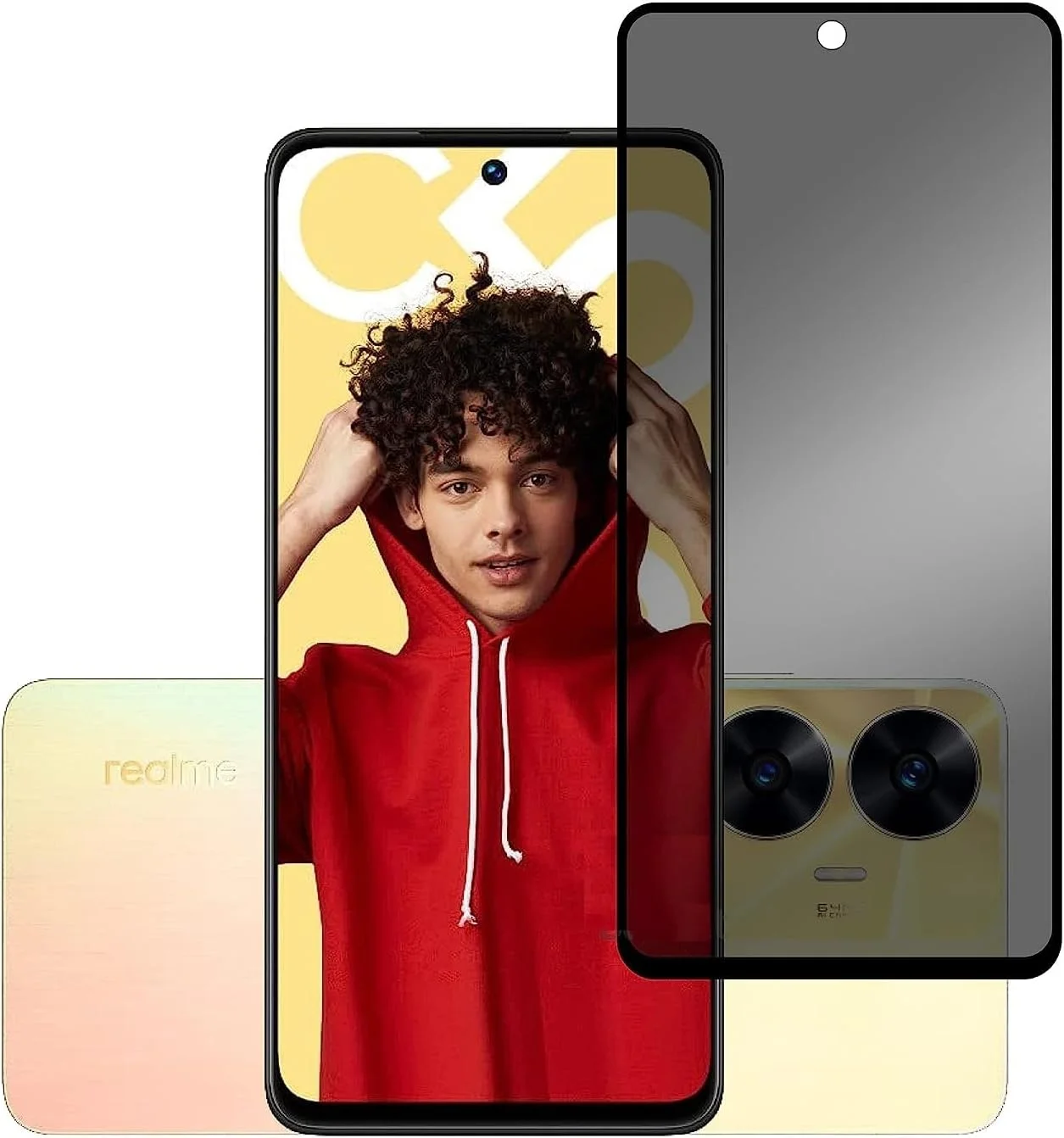 محافظ صفحه نمایش حریم خصوصی شیشه ای برای اوپو Realme C55، سختی 9H [ضد خش] [ضد اثر انگشت] فیلم بدون حباب برای Realme C55 مشکی