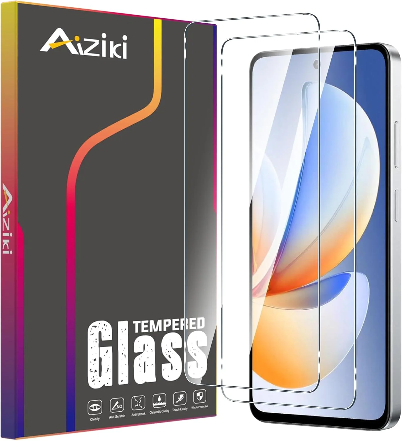 محافظ صفحه نمایش شیشه ای تمپرد Aiziki [2 عدد] برای Realme C71، شفاف HD، ضد خش، ضد اثر انگشت، پوشش کامل با سختی 9H برای Realme C71