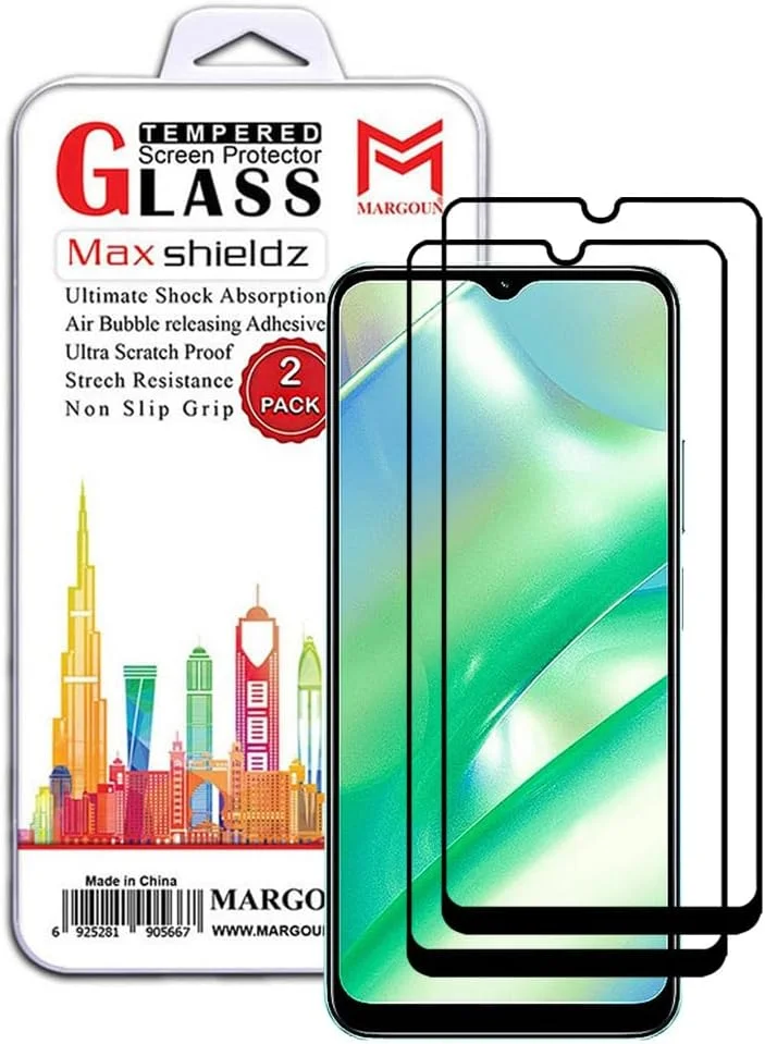 محافظ صفحه نمایش مارگون 2 عددی مناسب برای گوشی ریل می C33، شیشه حرارت دیده مشکی از کناره، سختی 9H و ضد اثر انگشت (Realme C33)