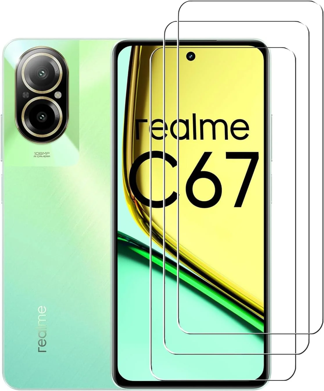 محافظ صفحه نمایش شیشه ای حرارت دیده WRTBS [بسته 3 عددی] برای Realme C67 4G، سختی 9H، وضوح بالا، مقاوم در برابر خش، بدون حباب، ضد اثر انگشت