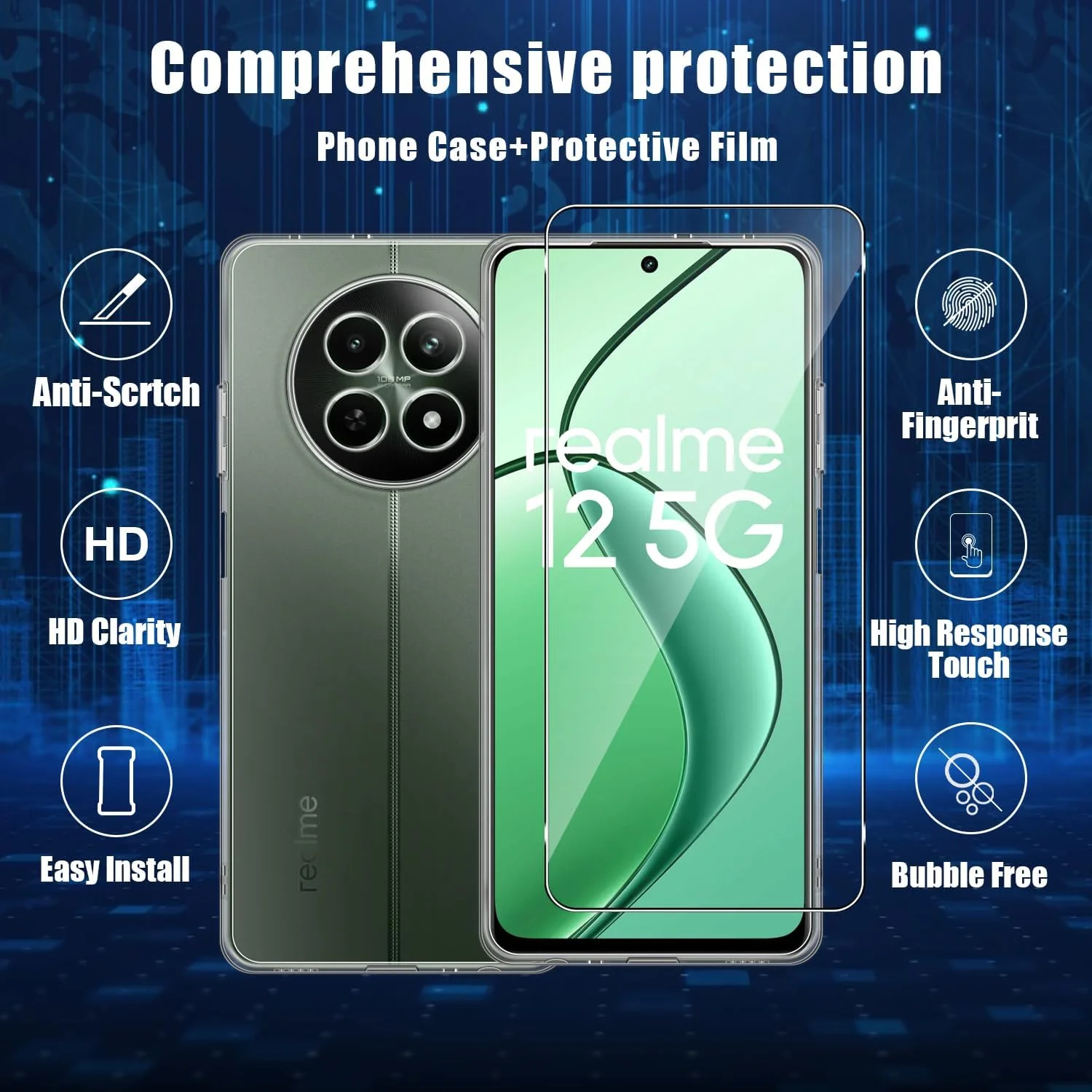 کاور سیلیکونی Holilo + 2 عدد محافظ صفحه نمایش برای Realme 12 5G/Realme 12 x 5G، شیشه حرارت دیده HD با سختی 9H، کاور موبایل باریک و نرم مقاوم در برابر خراش