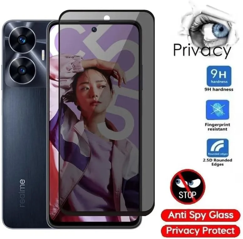 محافظ صفحه نمایش حریم خصوصی شیشه ای برای اوپو Realme C55، سختی 9H [ضد خش] [ضد اثر انگشت] فیلم بدون حباب برای Realme C55 مشکی