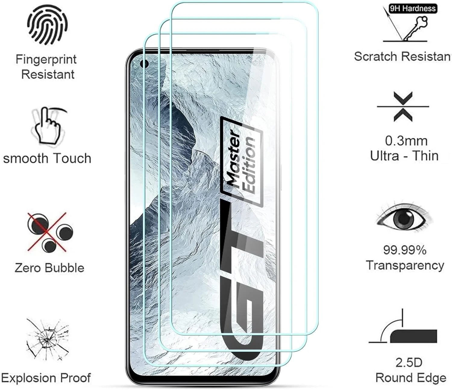 محافظ صفحه نمایش AYSOW برای Realme GT Master Edition شیشه ای ممتاز 0.3 میلی متر سختی 9H فیلم 2.5D، ضد خش، بدون حباب، محافظ صفحه نمایش شیشه ای برای Realme GT Master Edition [بسته 3 عددی]