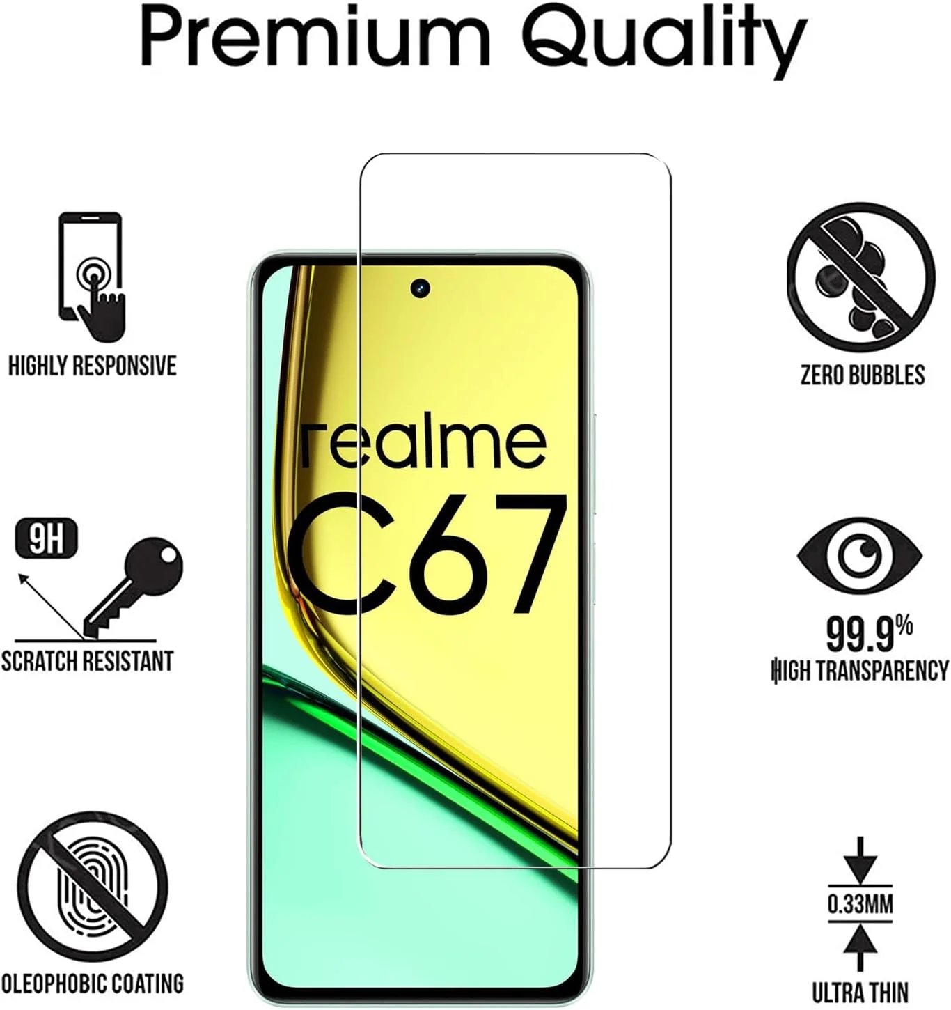 محافظ صفحه نمایش شیشه ای حرارت دیده WRTBS [بسته 3 عددی] برای Realme C67 4G، سختی 9H، وضوح بالا، مقاوم در برابر خش، بدون حباب، ضد اثر انگشت