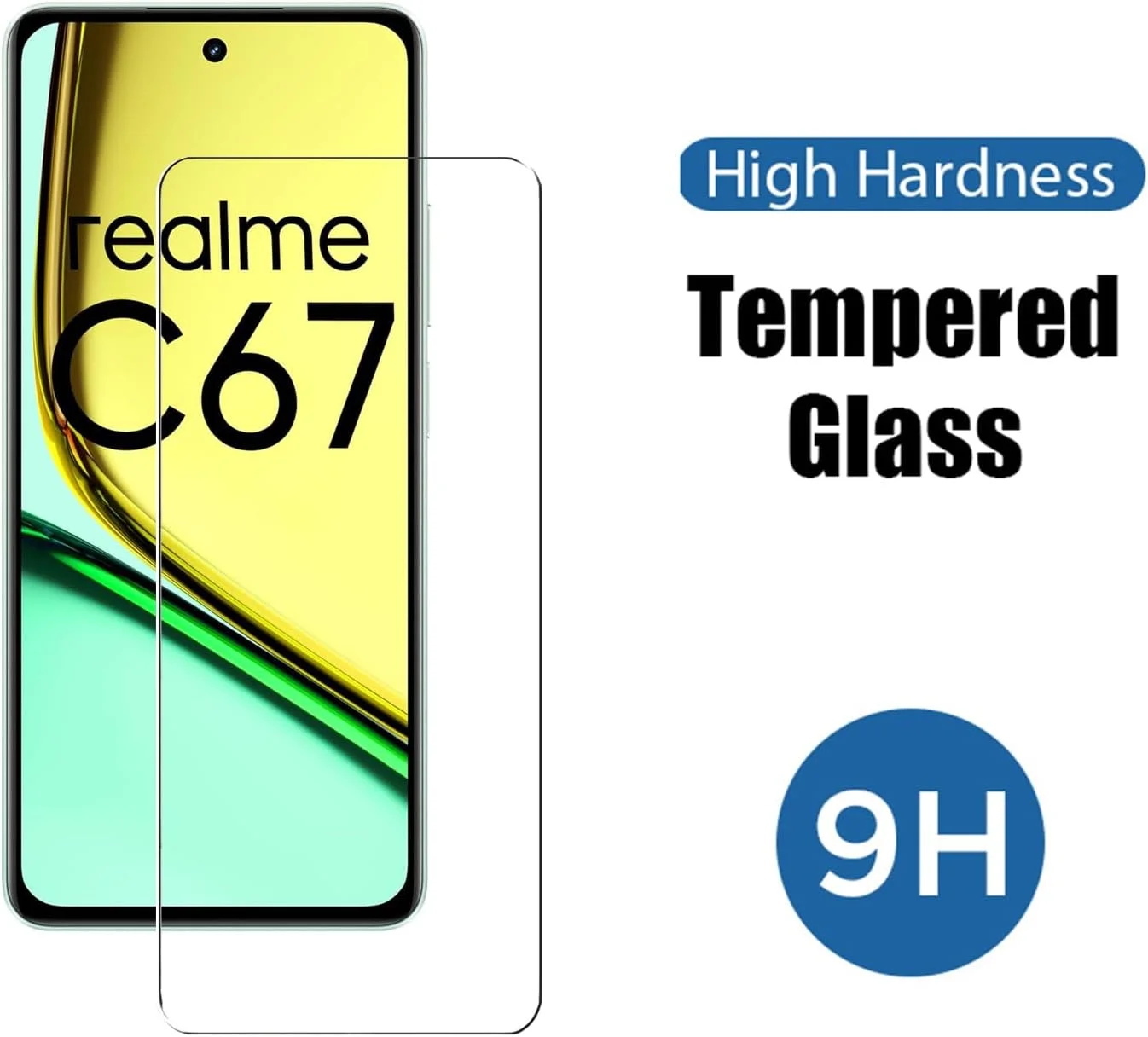 محافظ صفحه نمایش شیشه ای حرارت دیده WRTBS [بسته 3 عددی] برای Realme C67 4G، سختی 9H، وضوح بالا، مقاوم در برابر خش، بدون حباب، ضد اثر انگشت