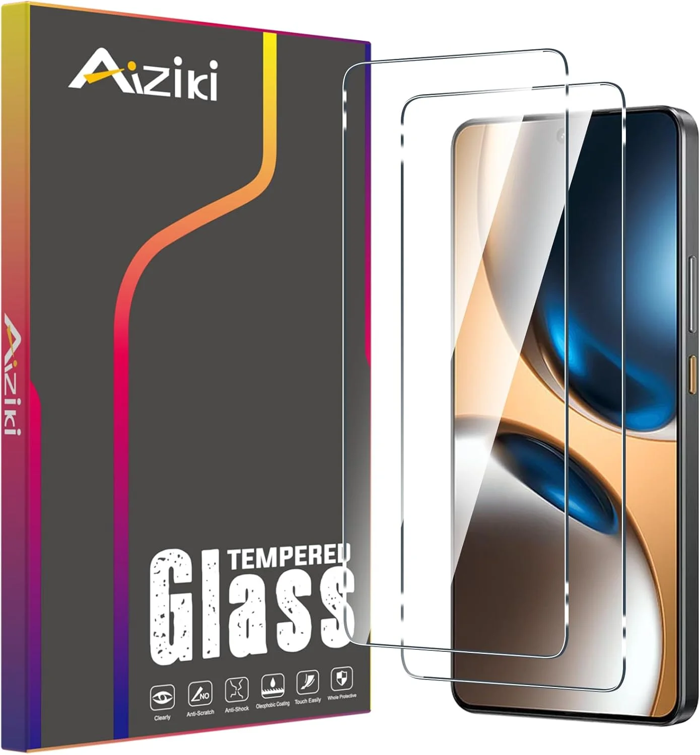 محافظ صفحه نمایش شیشه ای حرارت دیده Aiziki بسته 2 عددی برای Realme GT 7/7T (0.33 میلی متر HD فوق العاده شفاف) محافظ شیشه ای با سختی 9H برای Realme GT 7/7T