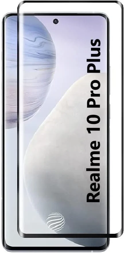 محافظ صفحه نمایش شیشه ای خمیده سه بعدی Realme 10 Pro Plus، شیشه حرارت دیده با سختی 9H، مقاوم در برابر خراش، بدون حباب، پوشش کامل، چسب کامل، مشکی