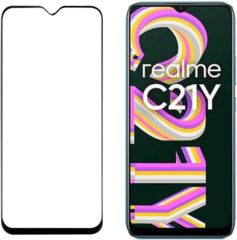 محافظ صفحه نمایش شیشه ای سازگار با Realme C21Y، پوشش کامل صفحه نمایش فیلم شیشه ای حرارت دیده با سختی 9H، شفافیت HD، مقاوم در برابر خراش، ضد خرد شدن، نصب آسان، سازگار با قاب