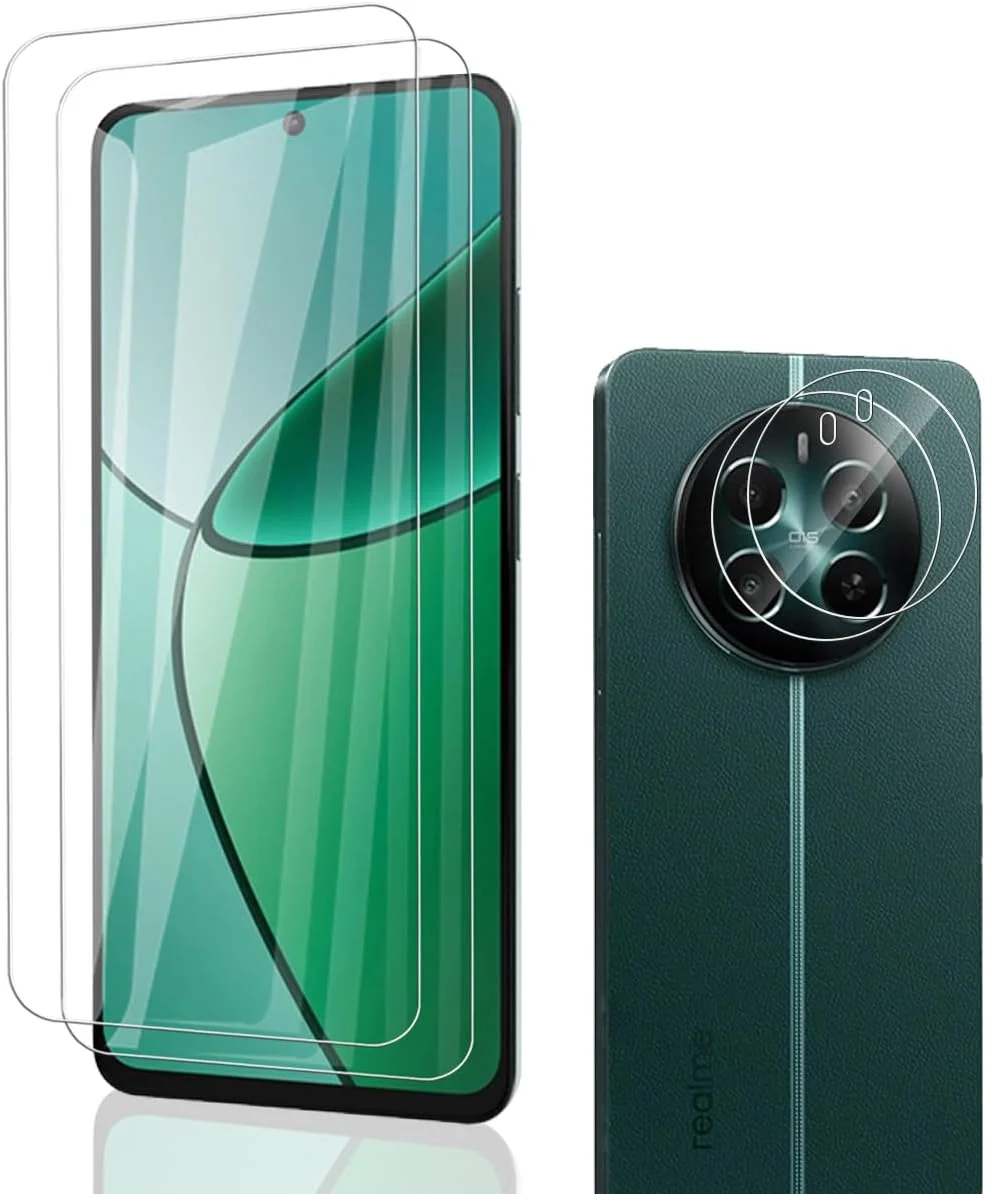 محافظ صفحه نمایش شیشه ای حرارت دیده Phlleyaa برای Realme 12+/12 Plus، 2 عدد محافظ صفحه نمایش و 2 عدد محافظ دوربین عقب، سختی 9H، بدون حباب، ضد خش برای محافظ صفحه نمایش Realme 12+/12 Plus