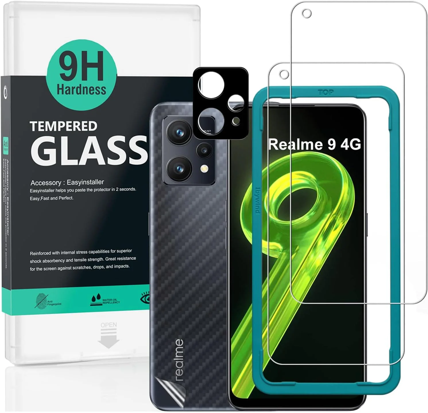 محافظ صفحه نمایش شیشه ای Realme 9 4G مدل Ibywind، سایز 6.4 اینچ، 2 عدد محافظ صفحه، سختی 9H، به همراه 1 عدد محافظ لنز دوربین، 1 عدد برچسب فیبر کربن پشت گوشی، نصب آسان
