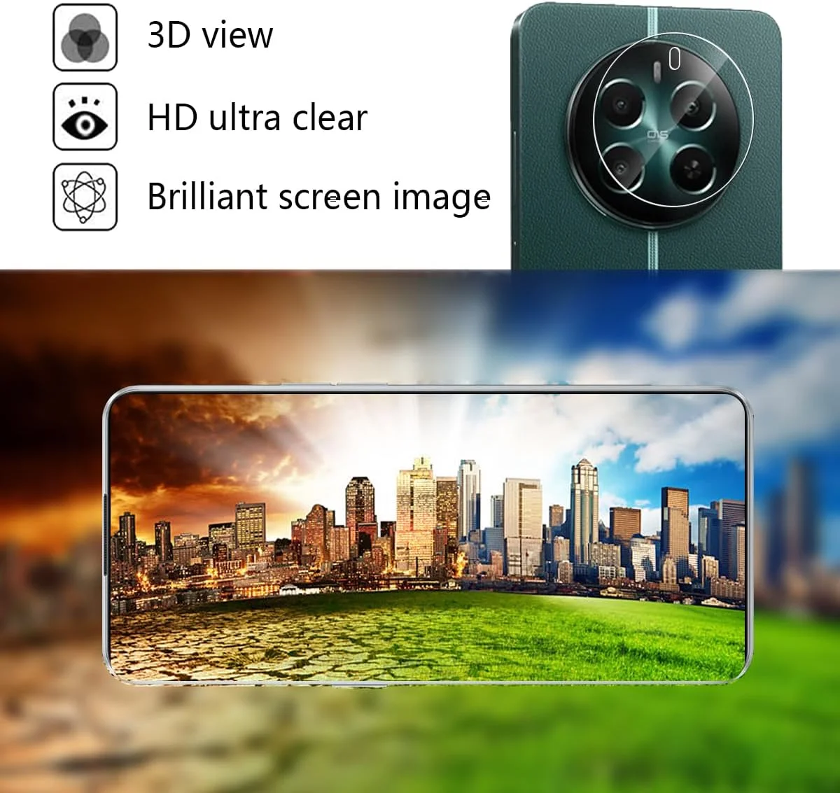 محافظ صفحه نمایش شیشه ای حرارت دیده Phlleyaa برای Realme 12+/12 Plus، 2 عدد محافظ صفحه نمایش و 2 عدد محافظ دوربین عقب، سختی 9H، بدون حباب، ضد خش برای محافظ صفحه نمایش Realme 12+/12 Plus