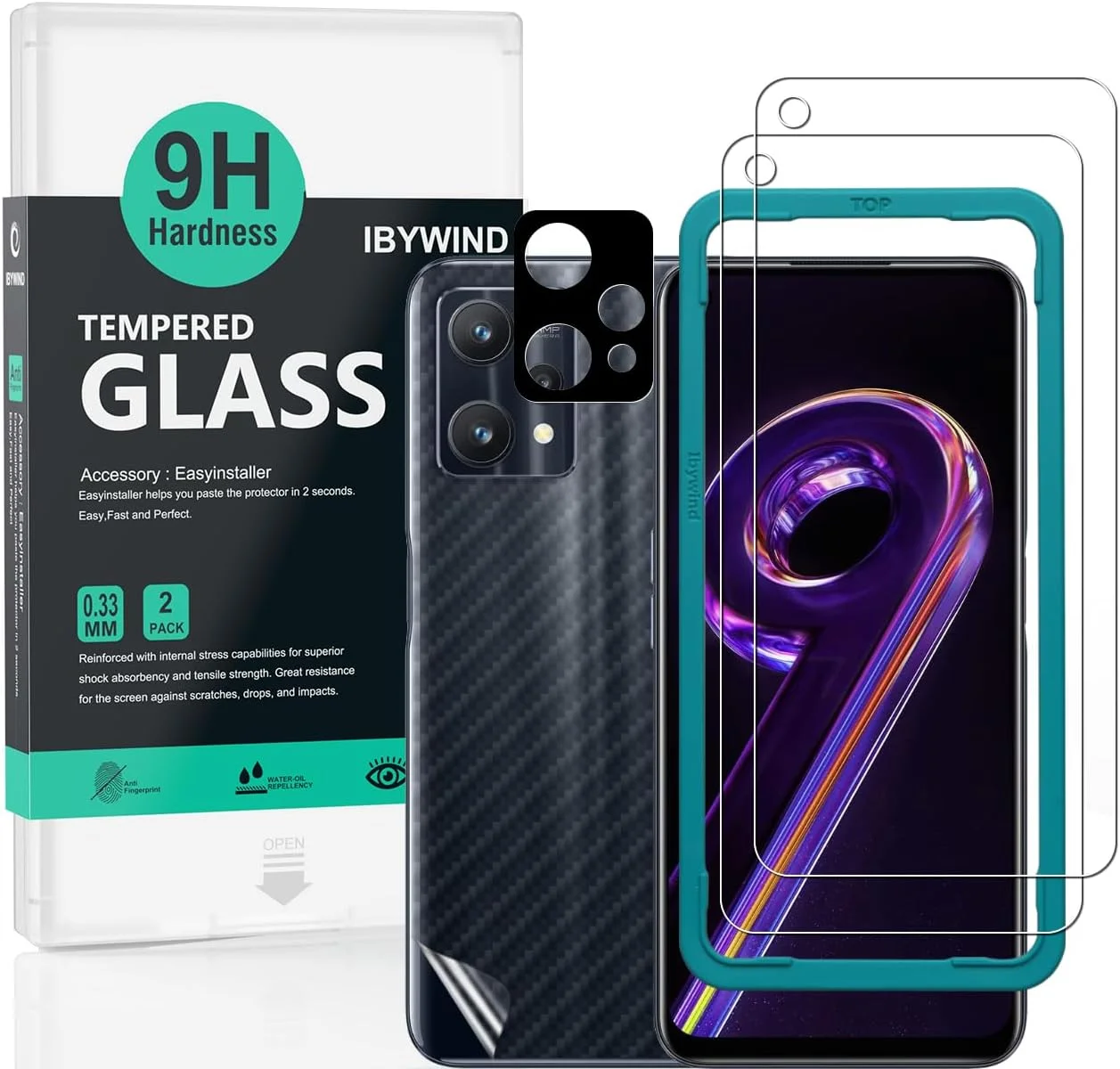 محافظ صفحه نمایش شیشه ای سخت با درجه سختی 9H مناسب برای گوشی ریلمی 9 پرو پلاس 5G / Realme 9 Pro+ 5G سایز 6.4 اینچ، بسته 2 عددی به همراه 1 عدد محافظ لنز دوربین و 1 عدد برچسب فیبر کربن پشت گوشی، نصب آسان