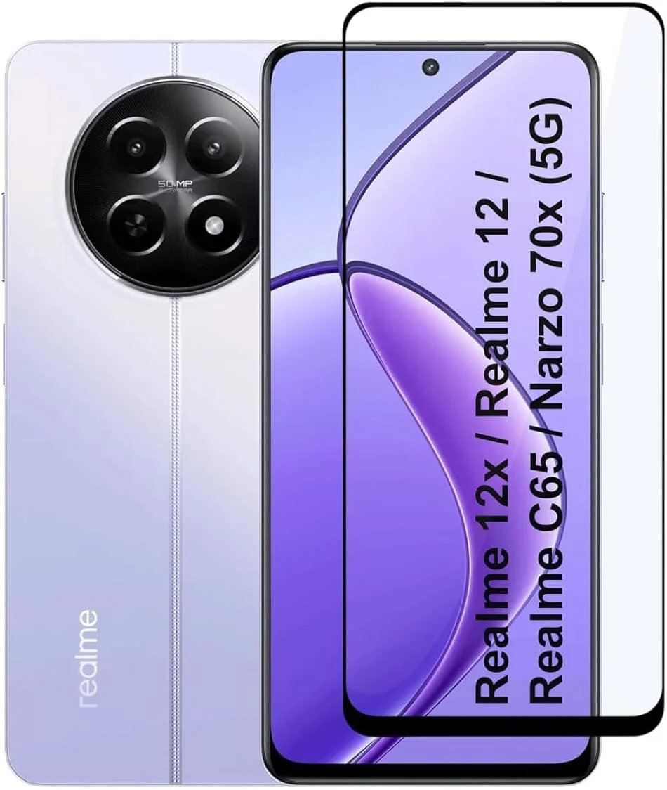 محافظ صفحه نمایش شیشه ای حرارت دیده خمیده سه بعدی با پوشش کامل، ضد خش و لمس پنج بعدی ممتاز Muzz مناسب برای گوشی های Realme 12x / Realme 12 / Realme 11 / Realme C65 / Narzo 70x (5G)