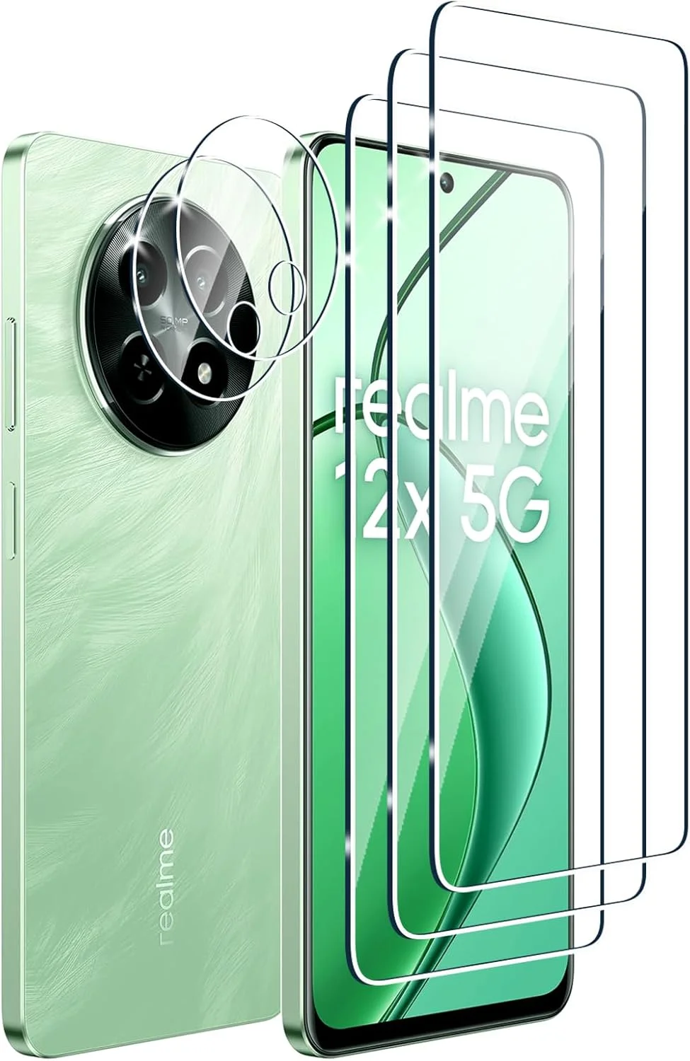 محافظ صفحه نمایش شیشه ای حرارت دیده Fyqzio [بسته 3+2 عددی] سازگار با Realme 12 5G/Realme 12X 5G و دوربین، بدون حباب، سختی 9H، ضد خش، محافظ صفحه نمایش HD