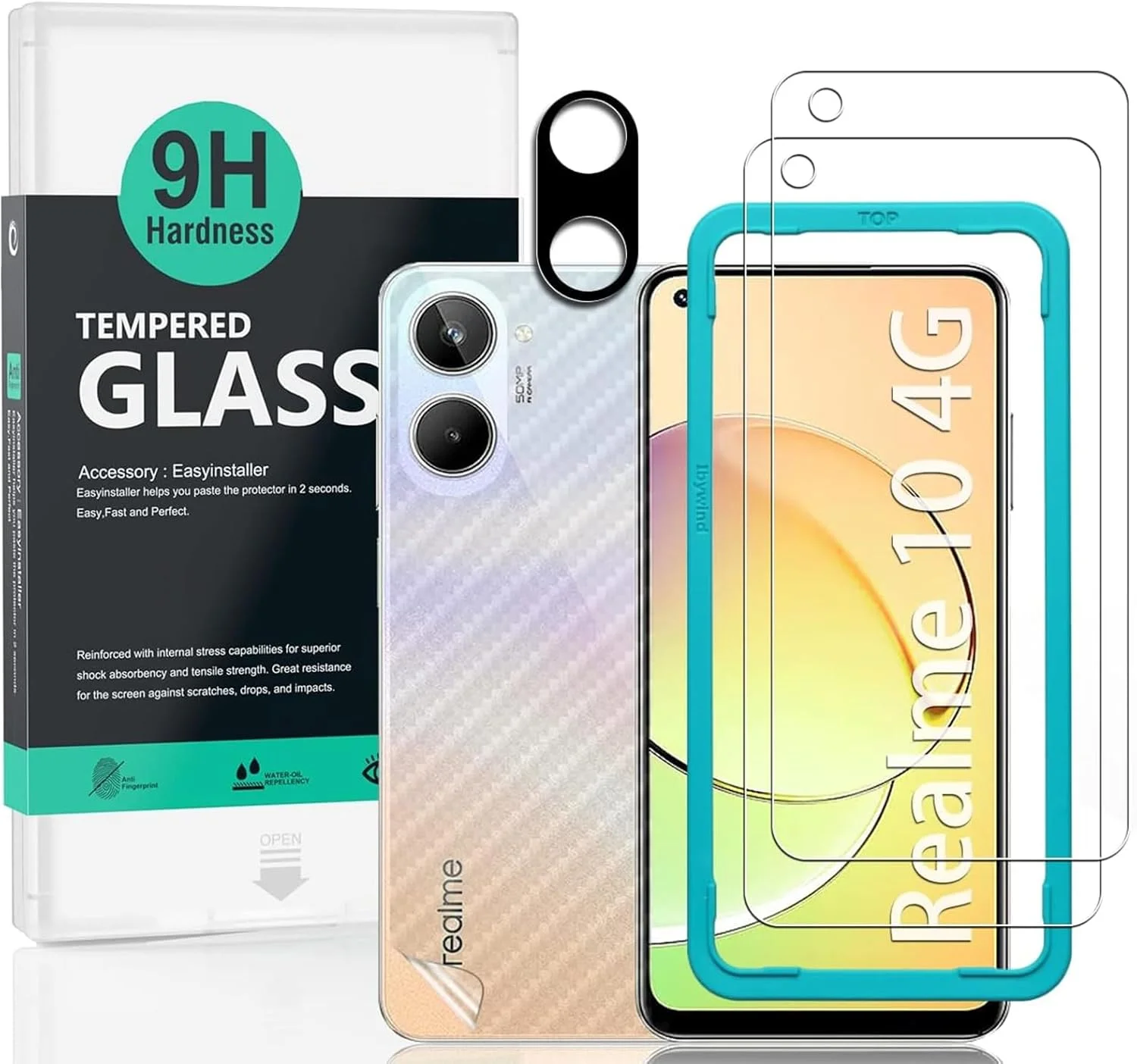 محافظ صفحه نمایش شیشه ای Realme 10 4G مدل Ibywind، سایز 6.4 اینچ، بسته 2 عددی، سختی 9H، همراه با 1 عدد محافظ لنز دوربین، 1 عدد برچسب فیبر کربن پشت، نصب آسان