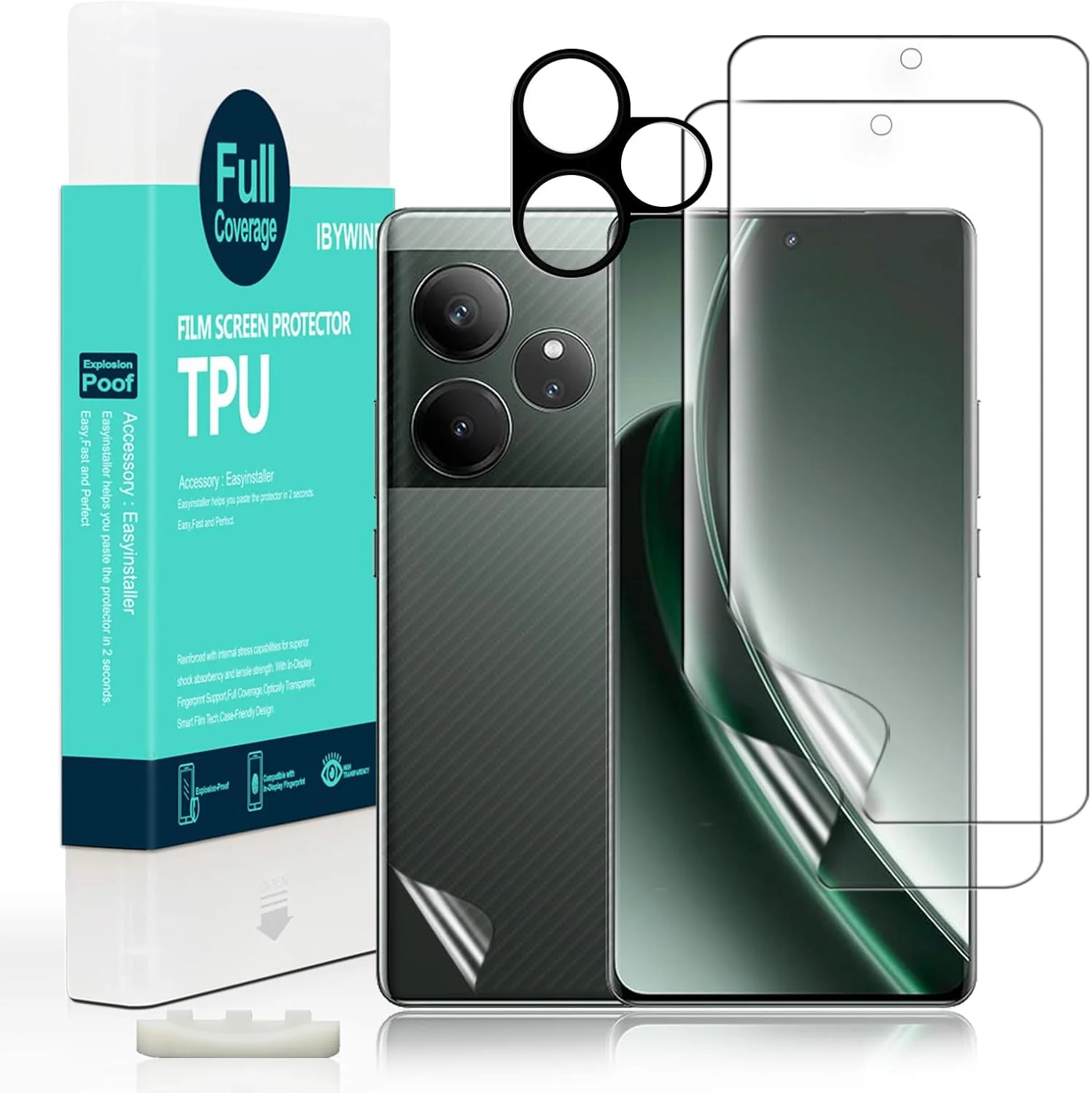 محافظ صفحه نمایش انعطاف پذیر TPU مدل Ibywind شامل 2 عدد محافظ صفحه نمایش برای گوشی Realme GT 6 5G/GT 6T 5G سایز 6.78 اینچ، به همراه 1 عدد محافظ لنز دوربین و 1 عدد محافظ پشت گوشی [نصب آسان، حسگر اثر انگشت، بدون حباب، سازگار با قاب]