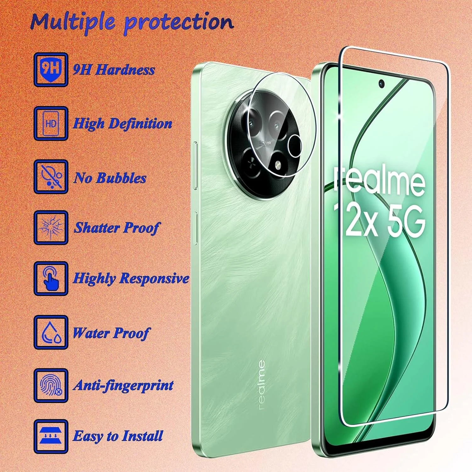 محافظ صفحه نمایش شیشه ای حرارت دیده Fyqzio [بسته 3+2 عددی] سازگار با Realme 12 5G/Realme 12X 5G و دوربین، بدون حباب، سختی 9H، ضد خش، محافظ صفحه نمایش HD