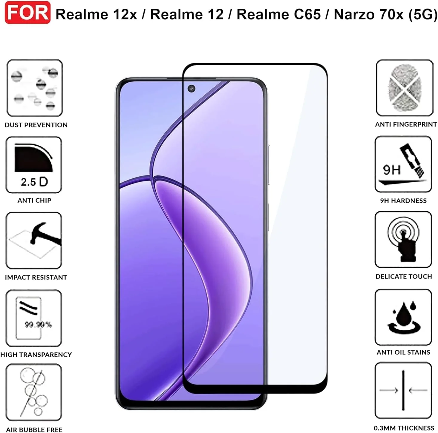 محافظ صفحه نمایش شیشه ای حرارت دیده خمیده سه بعدی با پوشش کامل، ضد خش و لمس پنج بعدی ممتاز Muzz مناسب برای گوشی های Realme 12x / Realme 12 / Realme 11 / Realme C65 / Narzo 70x (5G)