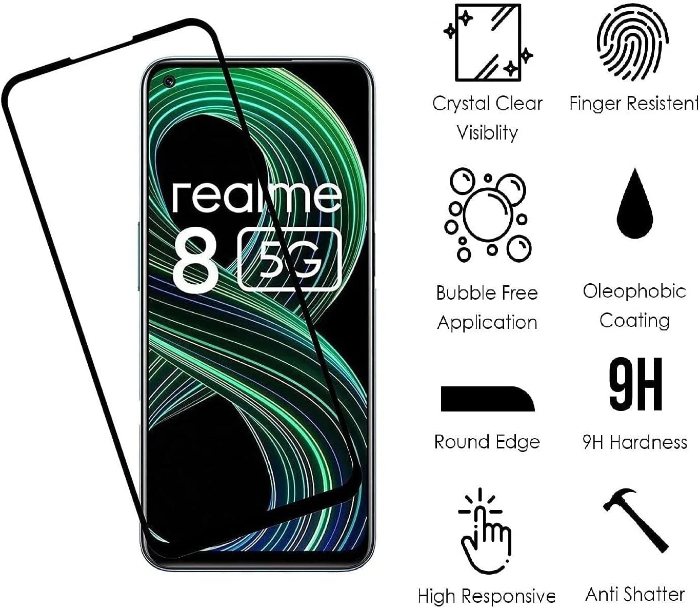 محافظ صفحه نمایش شیشه ای حرارت دیده با سختی 9H، لبه خمیده سرتاسری برای گوشی Realme 8 5G - مشکی