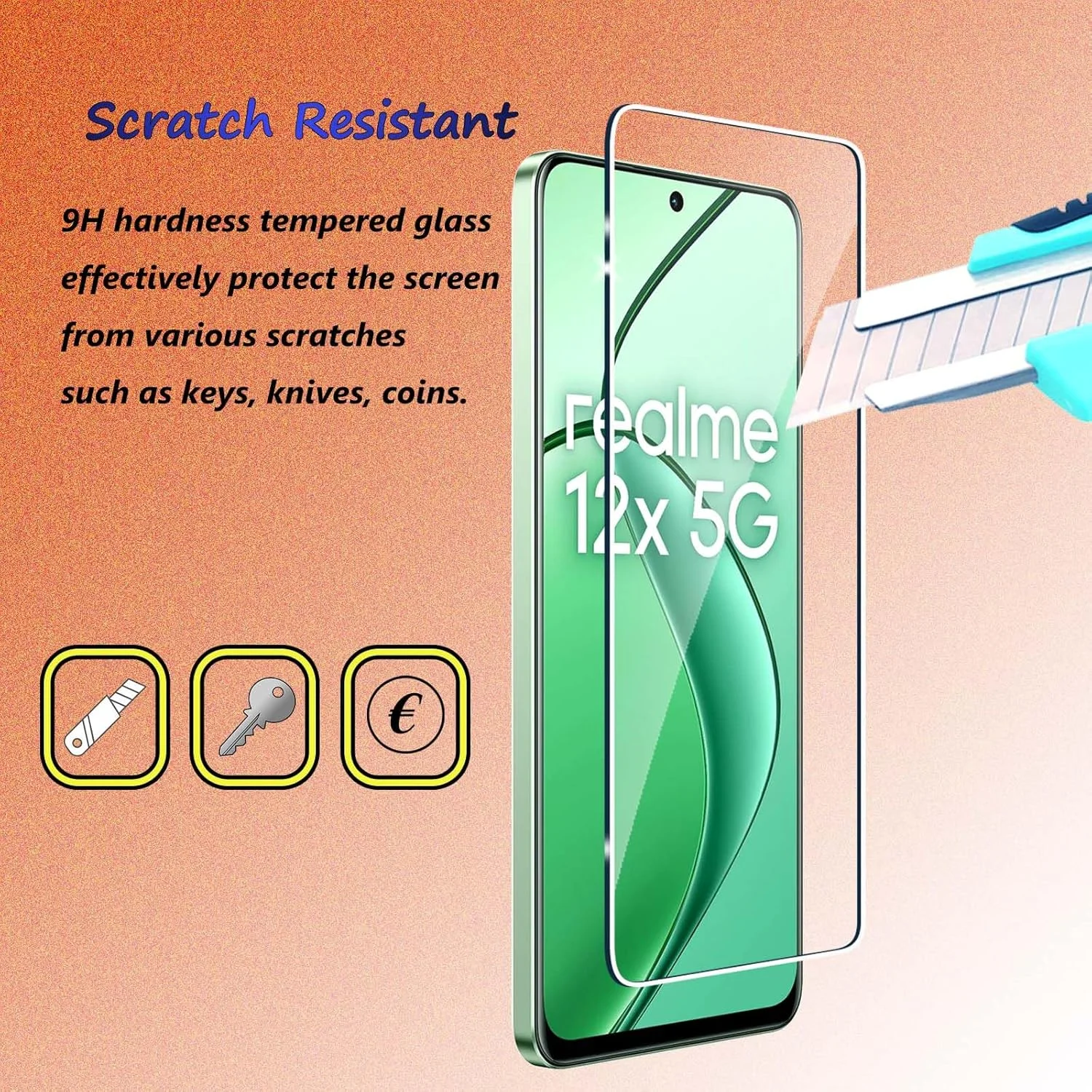 محافظ صفحه نمایش شیشه ای حرارت دیده Fyqzio [بسته 3+2 عددی] سازگار با Realme 12 5G/Realme 12X 5G و دوربین، بدون حباب، سختی 9H، ضد خش، محافظ صفحه نمایش HD