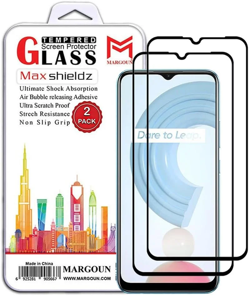 محافظ صفحه نمایش مارگون بسته 2 عددی مناسب برای گوشی ریلمی C21Y، شیشه حرارت دیده مشکی کناری، سختی 9H، ضد اثر انگشت (Realme C21Y)