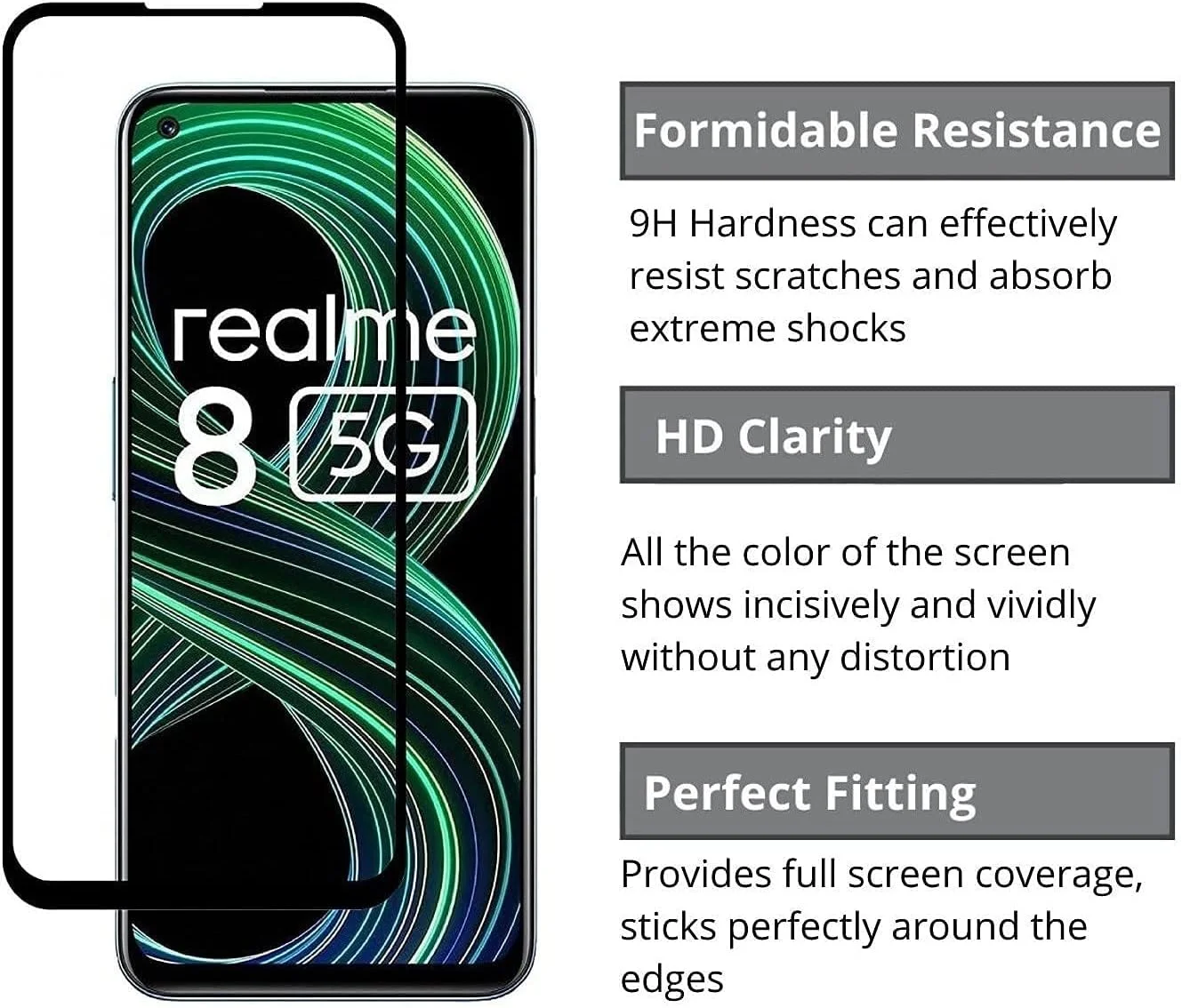 محافظ صفحه نمایش شیشه ای حرارت دیده با سختی 9H، لبه خمیده سرتاسری برای گوشی Realme 8 5G - مشکی